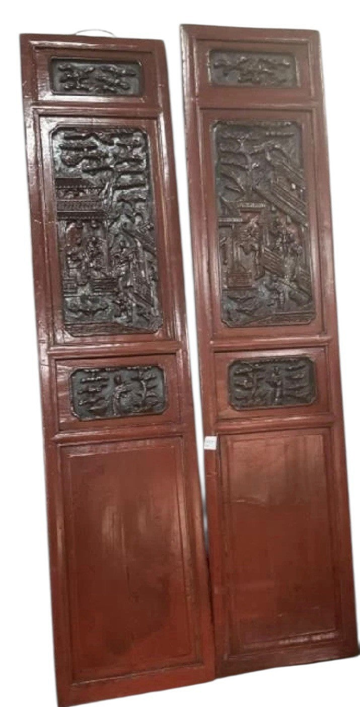 Set Of 2 Vintage Asian Hand Carved Wood High Relief 3D Art Panel 53”