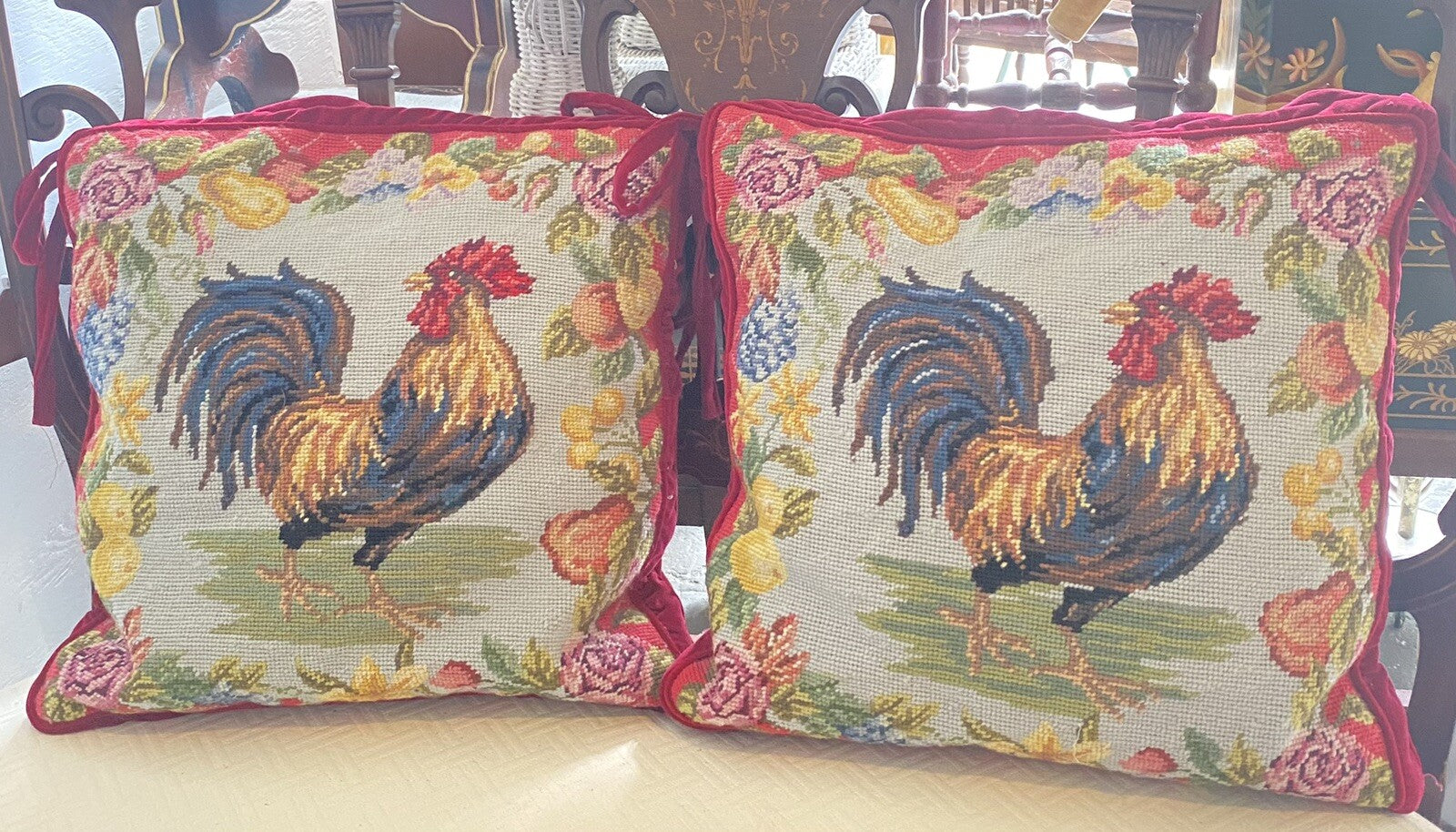 123creations Set Of 2 Needle Point Rooster Pillows