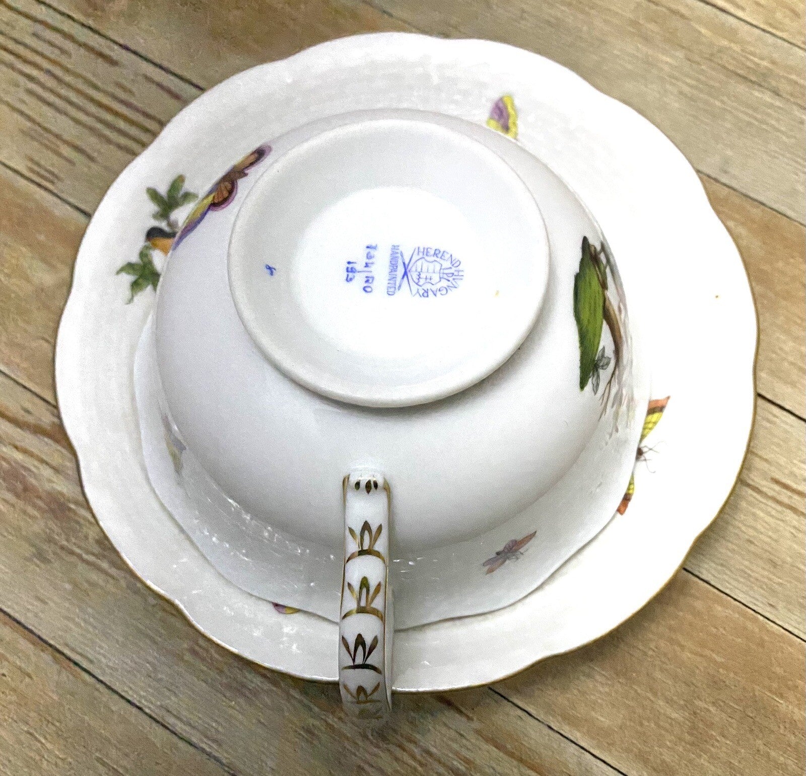 Vtg Herend Rothschild Birds Butterflies Jewelry Breakfast Cup & Saucer