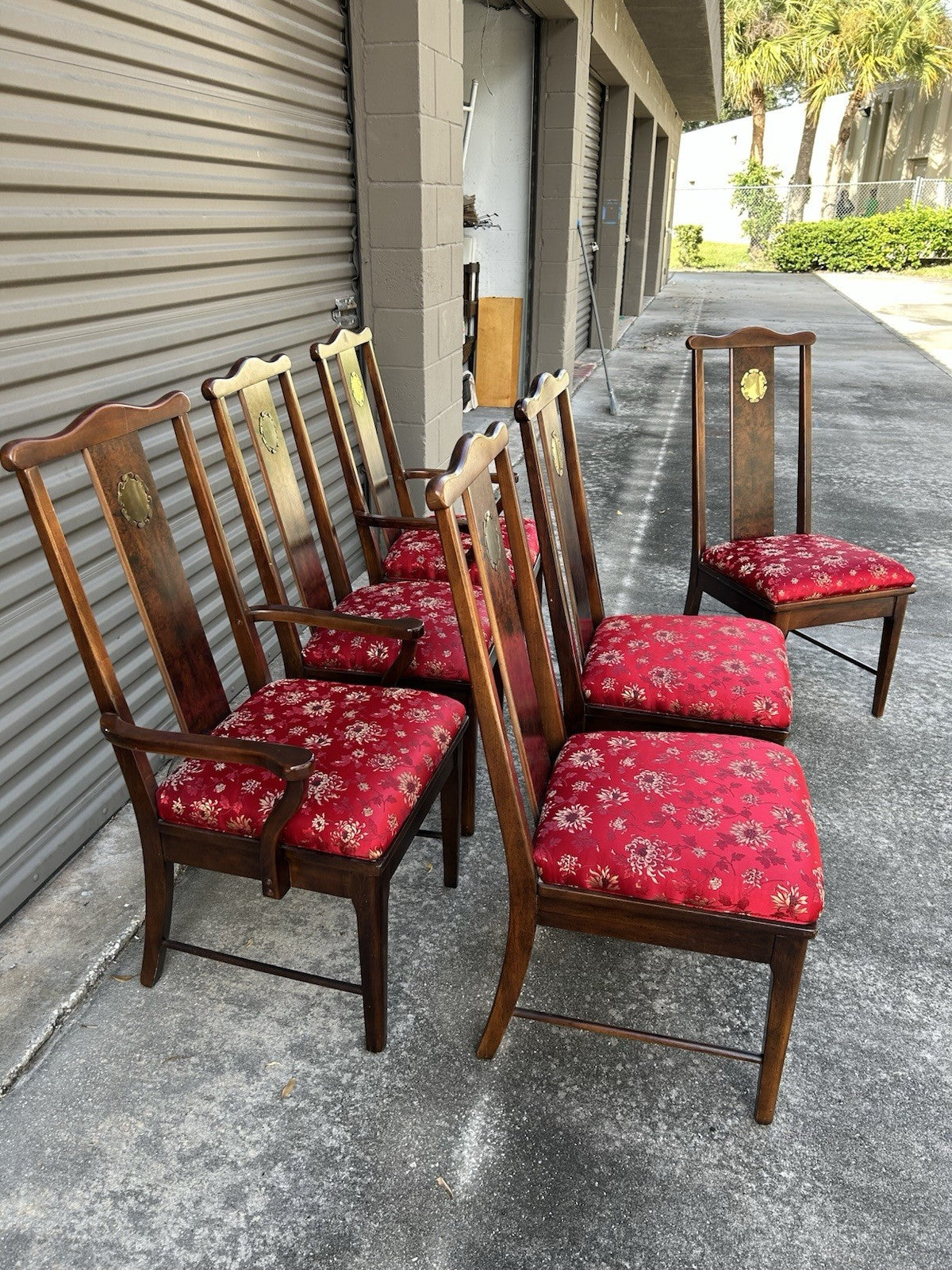 Set Of 6 Vintage Asian Style Dining Rosewood Chairs With Red Silky Cushions