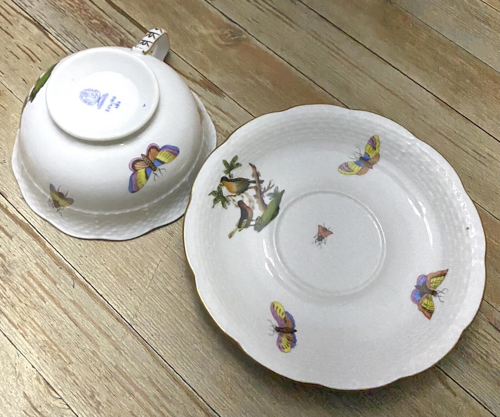 Vtg Herend Rothschild Birds Butterflies Jewelry Breakfast Cup & Saucer