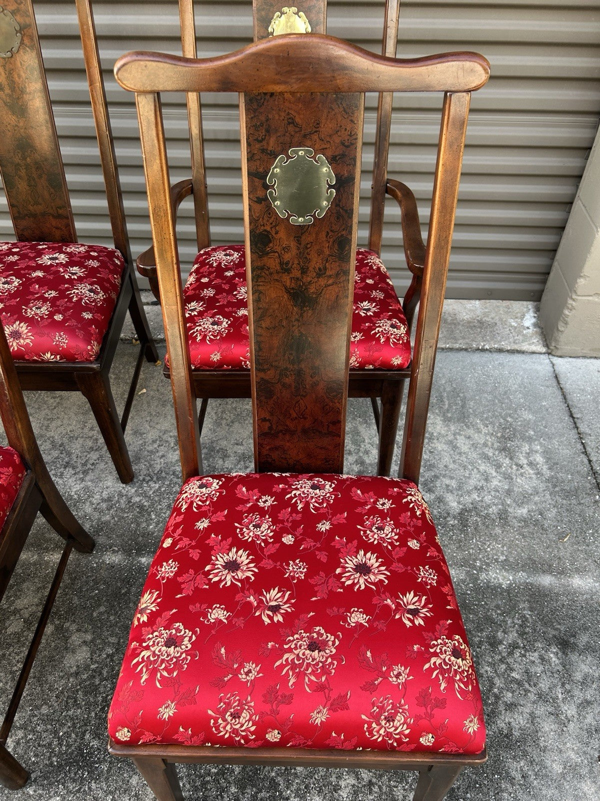 Set Of 6 Vintage Asian Style Dining Rosewood Chairs With Red Silky Cushions