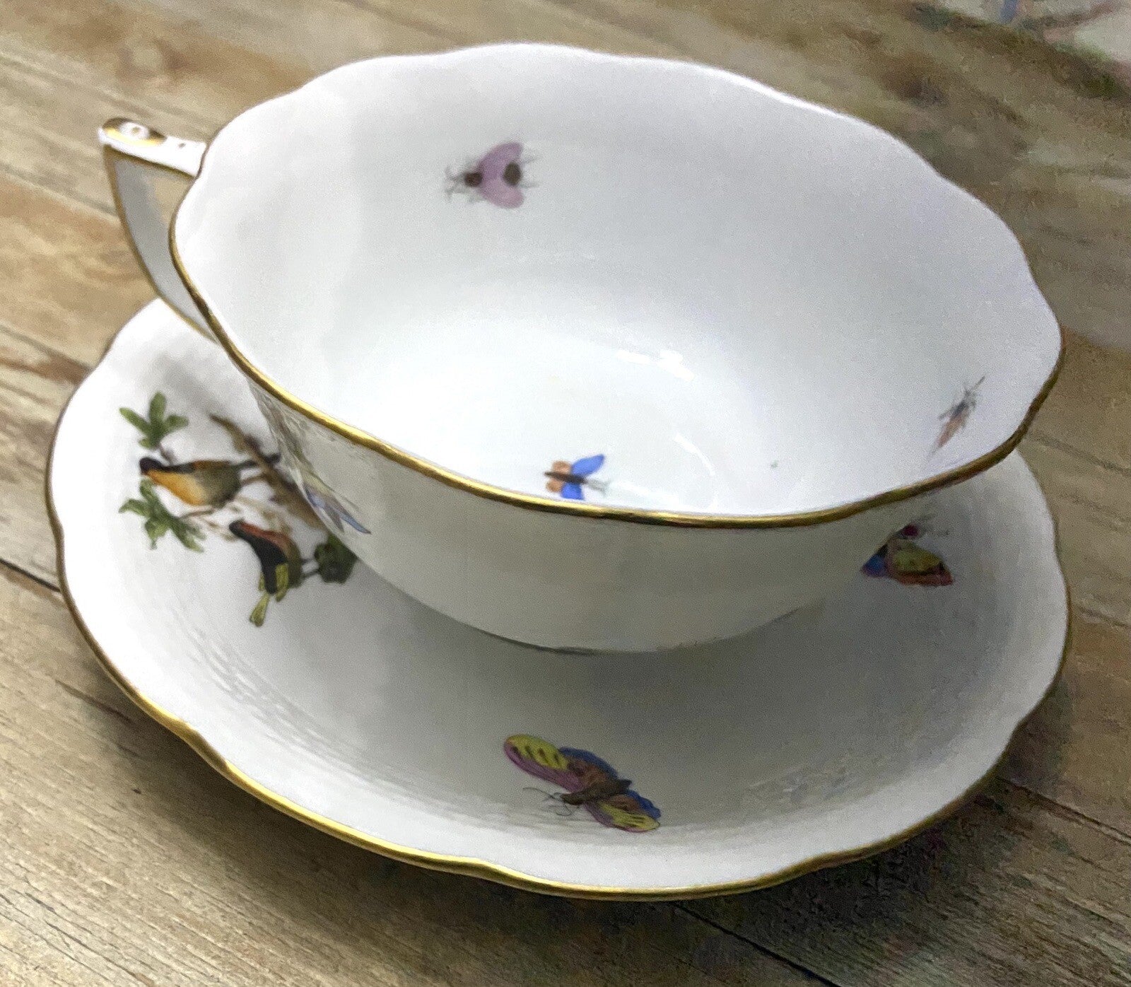 Vtg Herend Rothschild Birds Butterflies Jewelry Breakfast Cup & Saucer