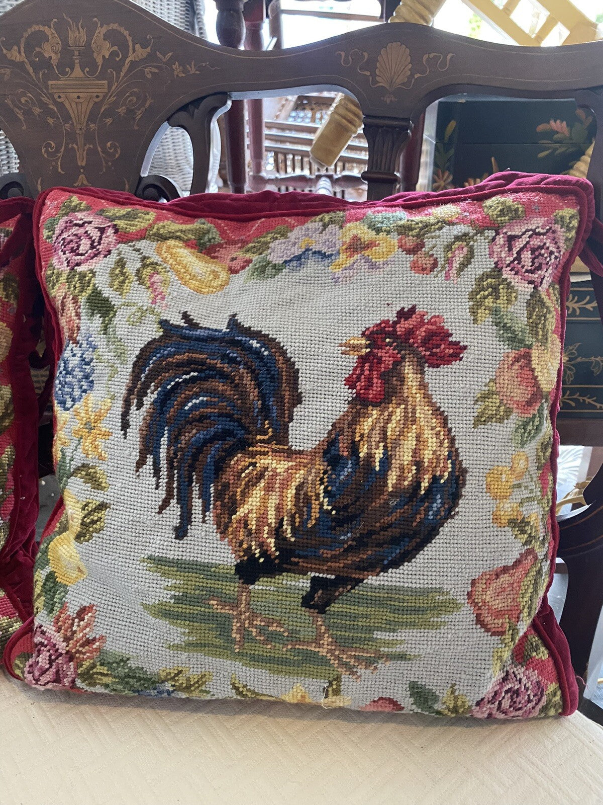 123creations Set Of 2 Needle Point Rooster Pillows