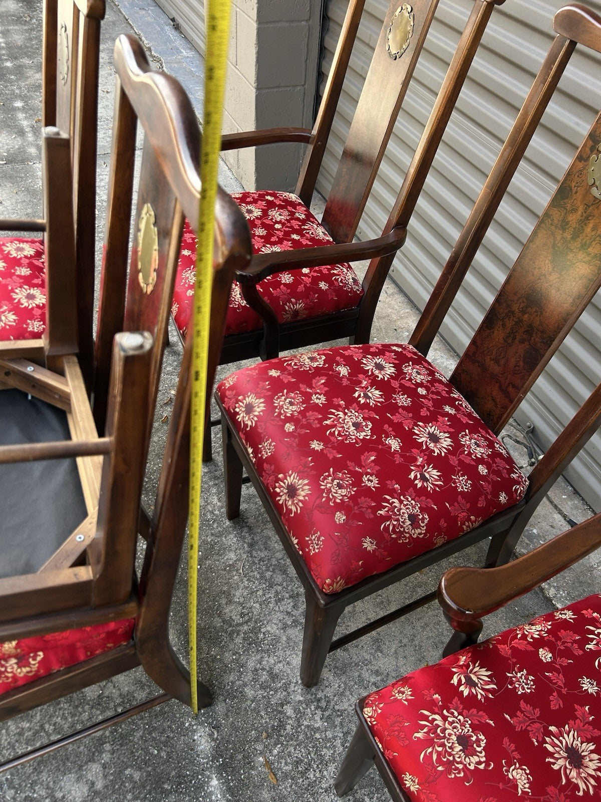 Set Of 6 Vintage Asian Style Dining Rosewood Chairs With Red Silky Cushions