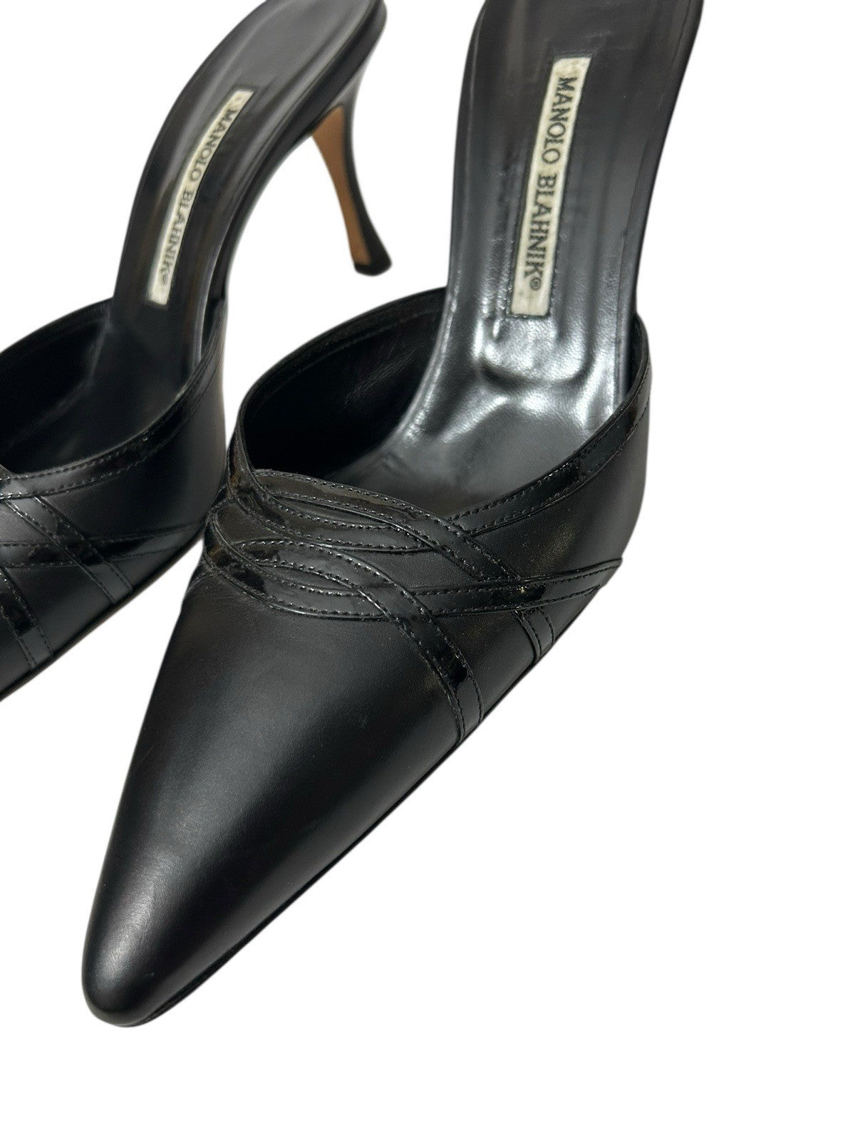Manolo Blahnik Pointy Toe, Open Back Color Black Women Shoes Sz 40