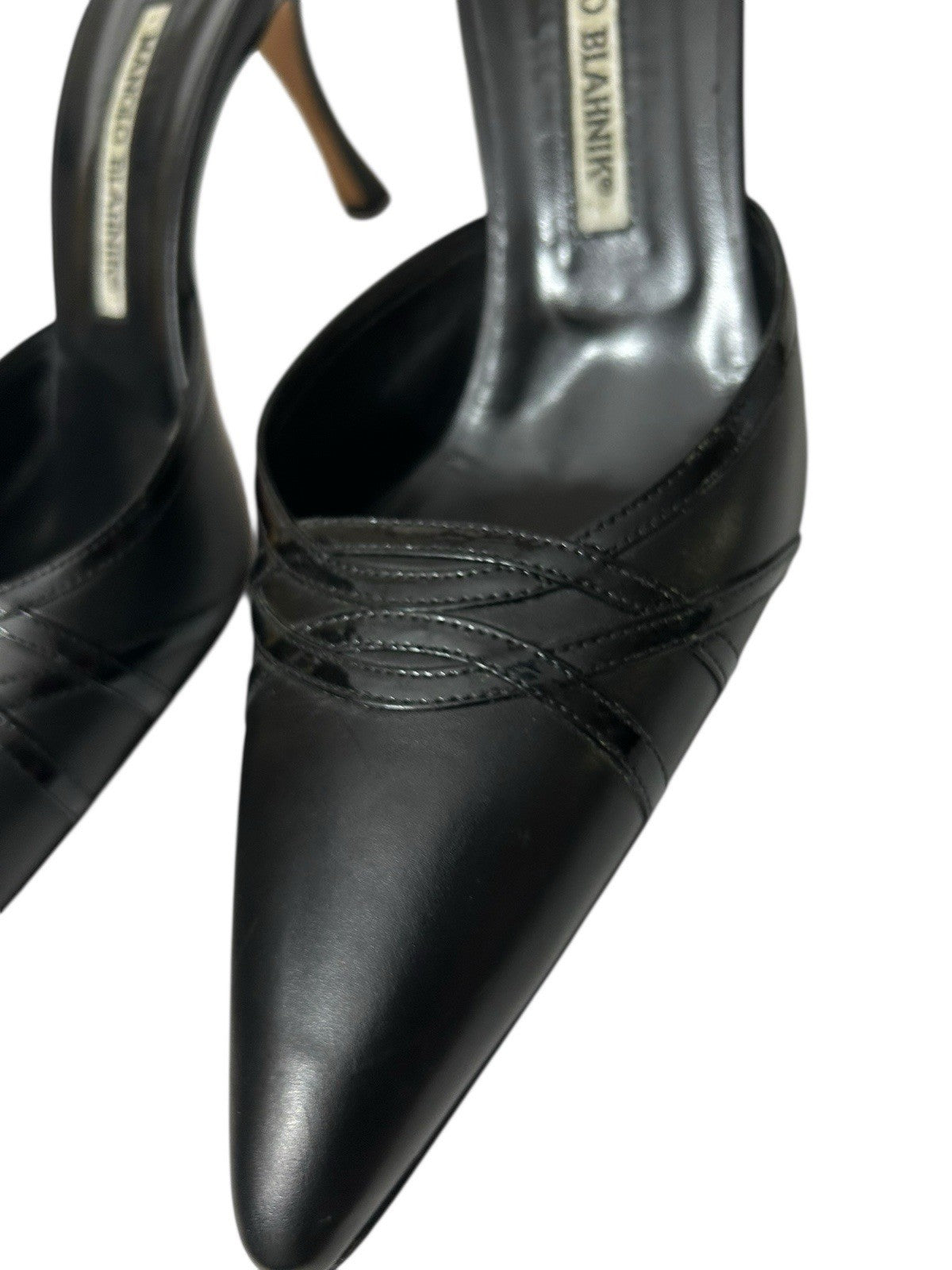 Manolo Blahnik Pointy Toe, Open Back Color Black Women Shoes Sz 40
