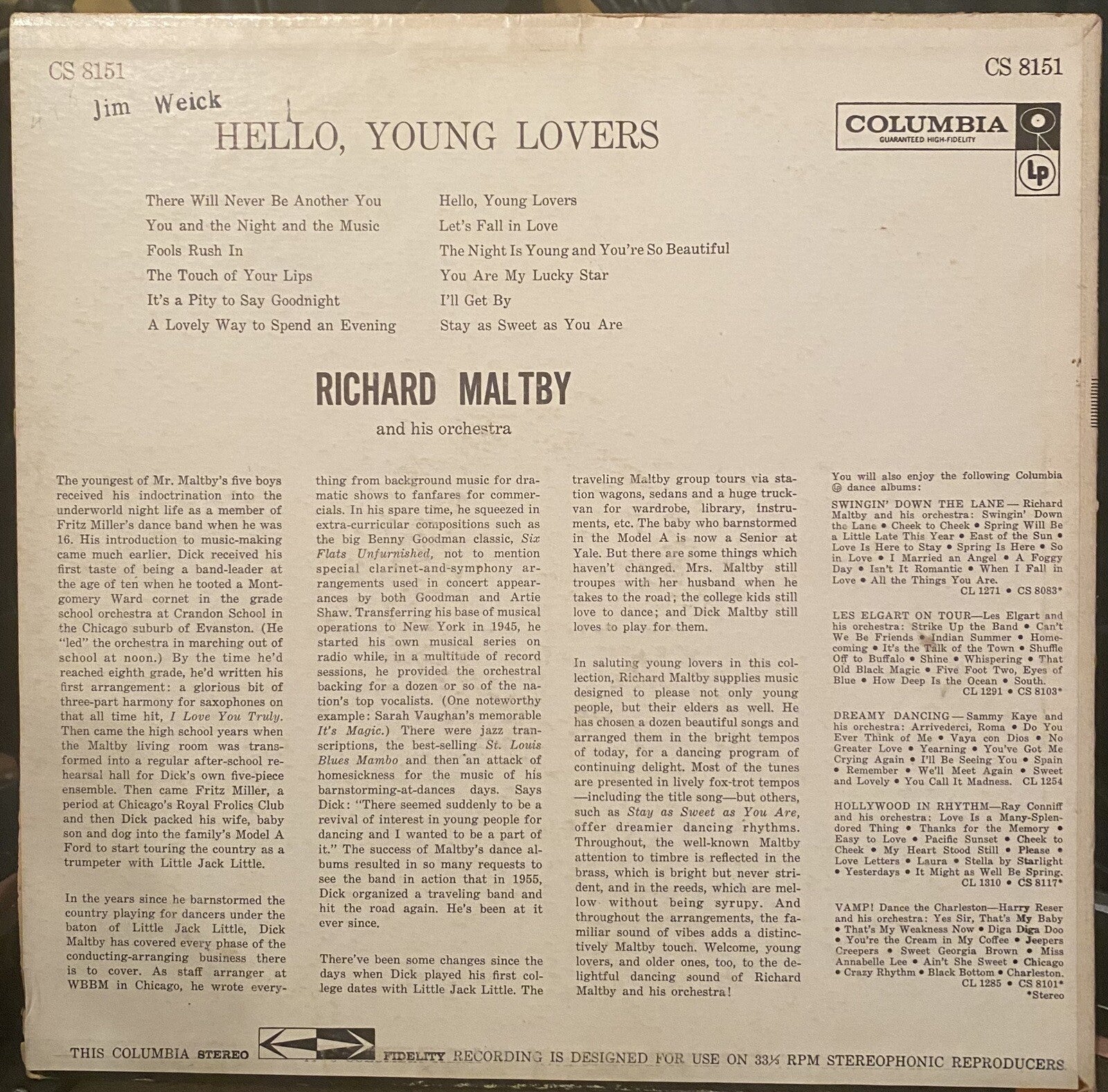 RICHARD MALTBY: hello, young lovers COLUMBIA 12