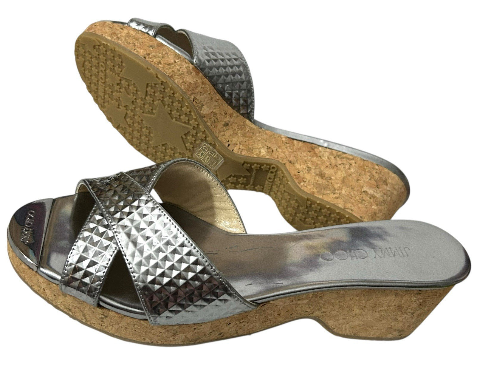 Jimmy Choo Women Sandal Crisscross Silver Straps Platform Sz 40