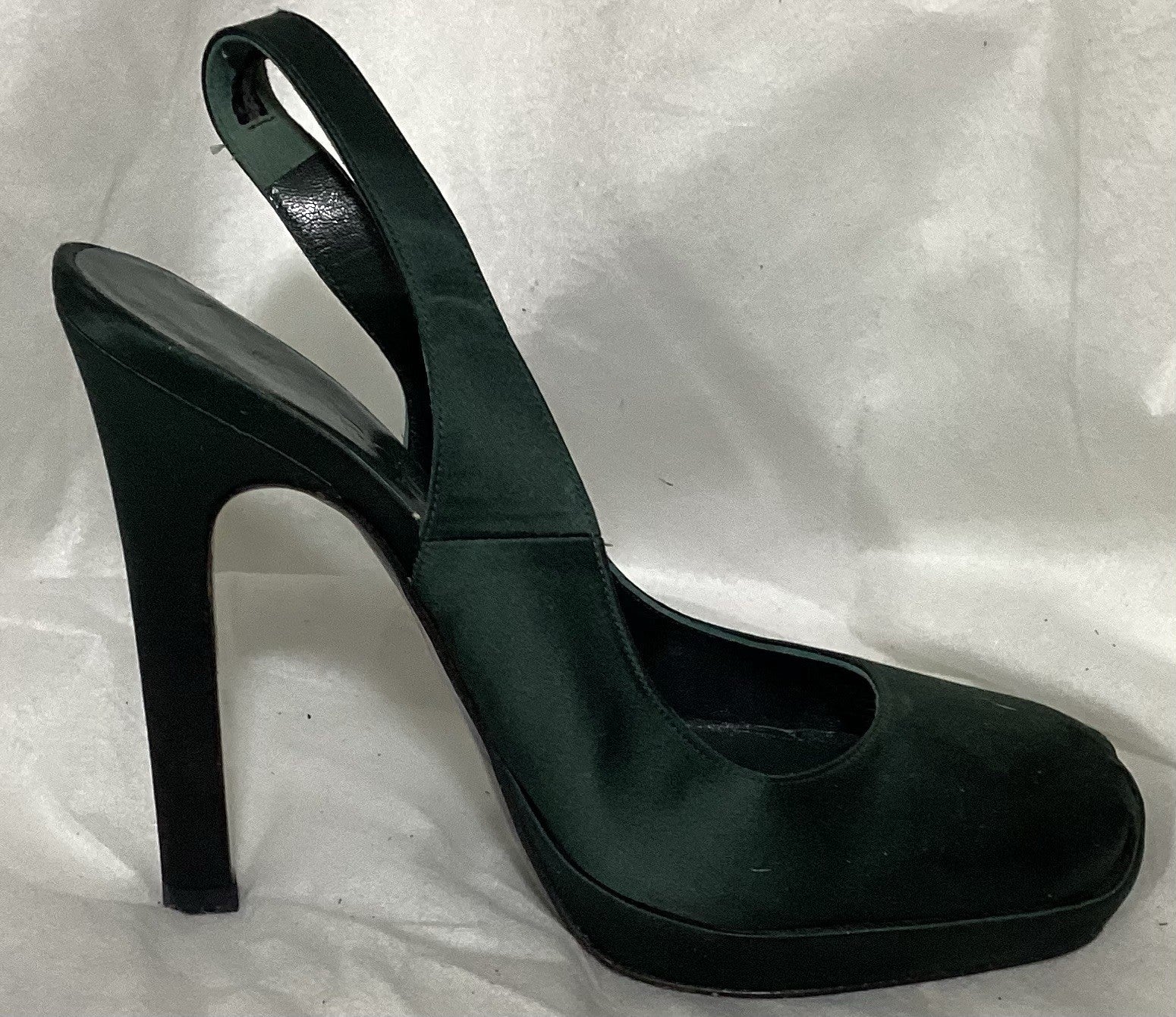 Rochas Dark Satin Green SlingBacks Women Shoes Sz 7/37-5” High