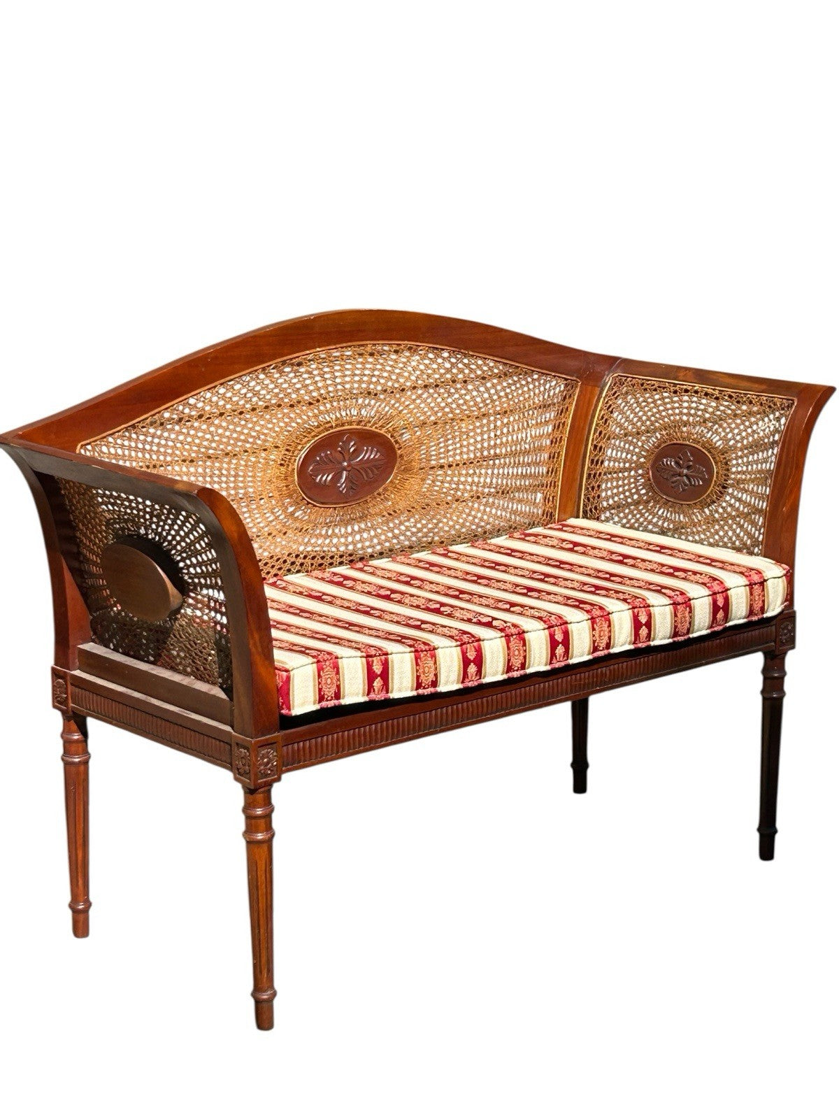 Italian Cane Back Wooden Bench With Cushion