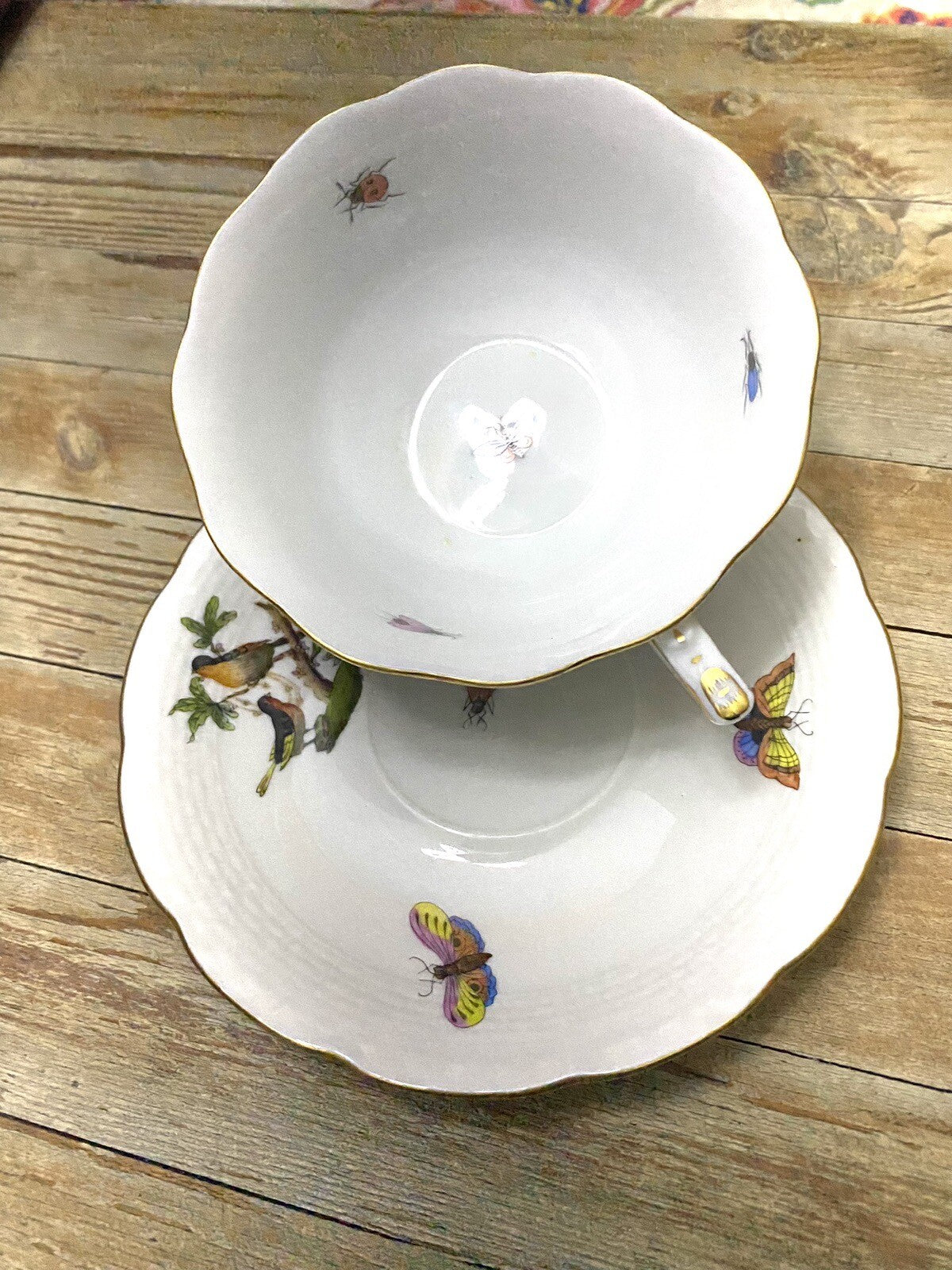 Vtg Herend Rothschild Birds Butterflies Jewelry Breakfast Cup & Saucer
