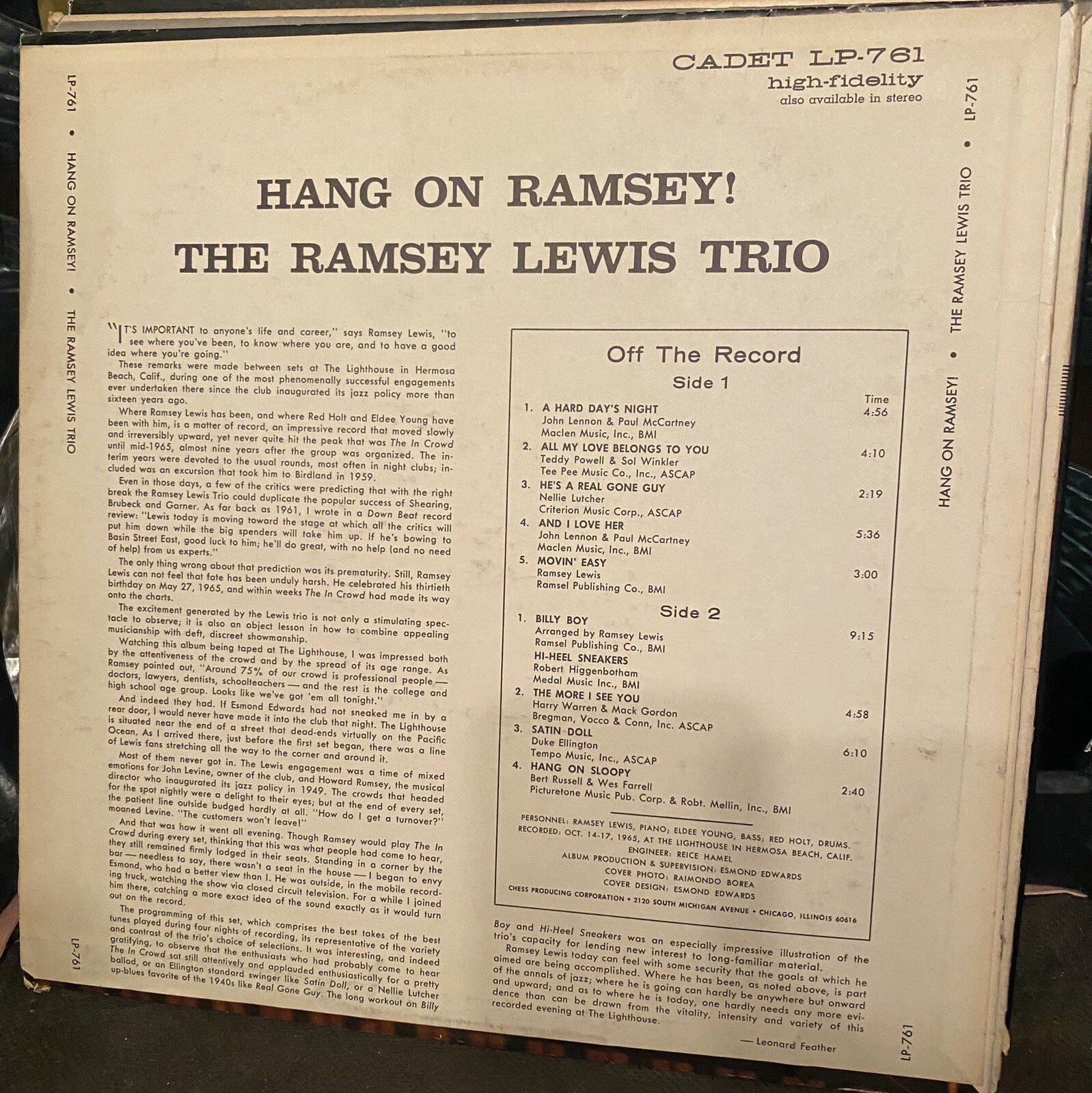 RAMSEY LEWIS TRIO HANG ON (VG+) LP-761 LP VINYL RECORD
