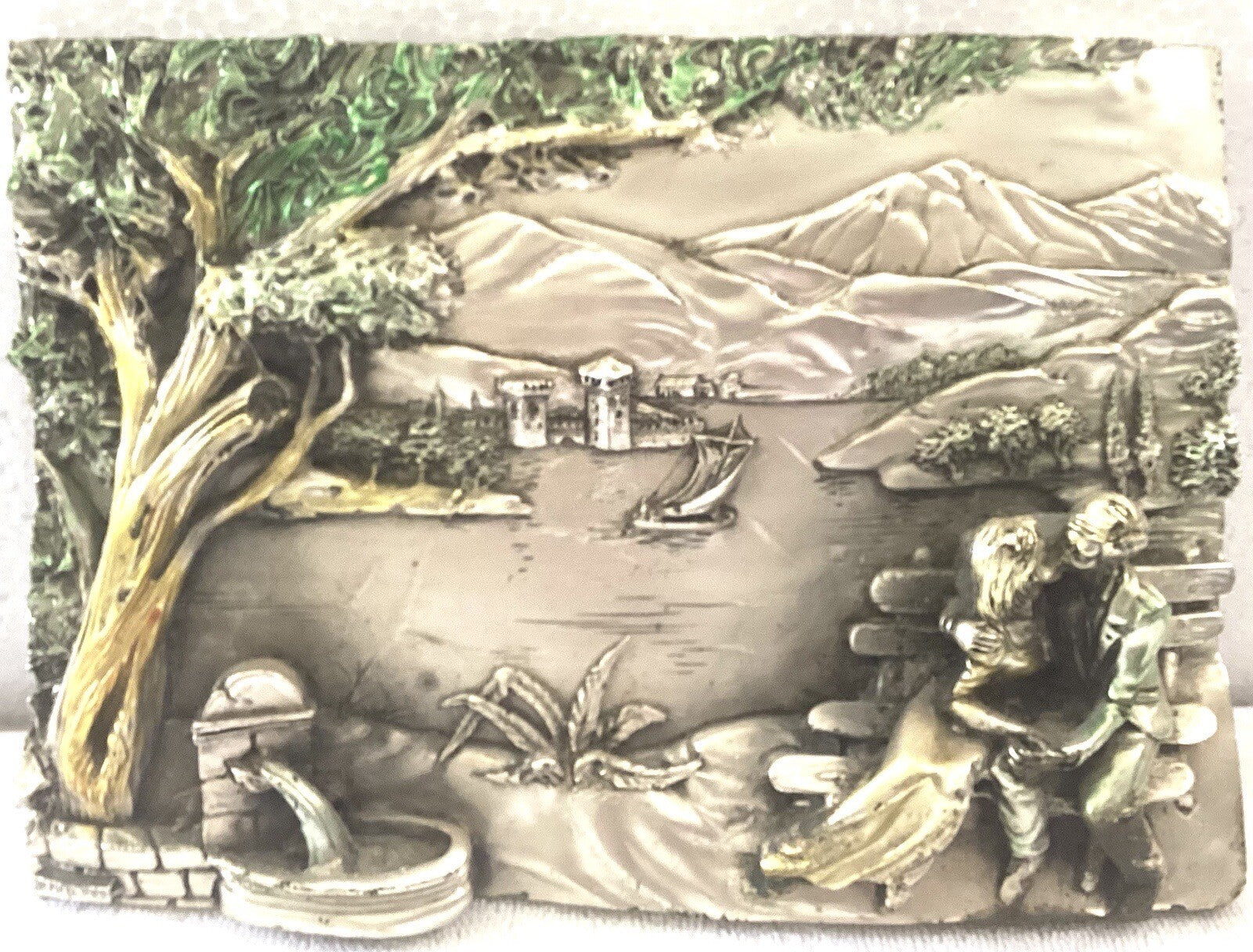 Vintage Silver Arg. 925 3 D Relief Sculpted Couple Kissing On Bench
