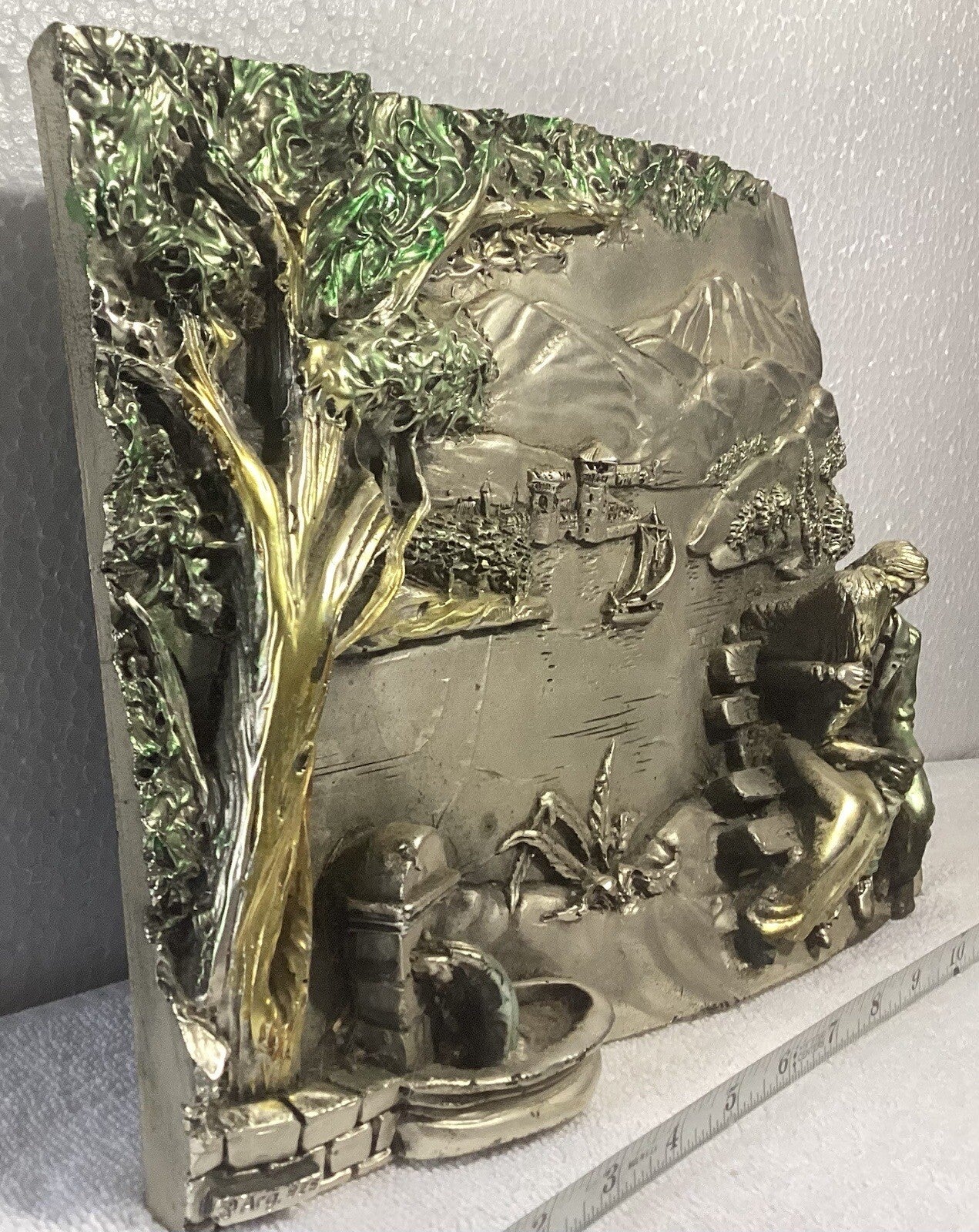 Vintage Silver Arg. 925 3 D Relief Sculpted Couple Kissing On Bench