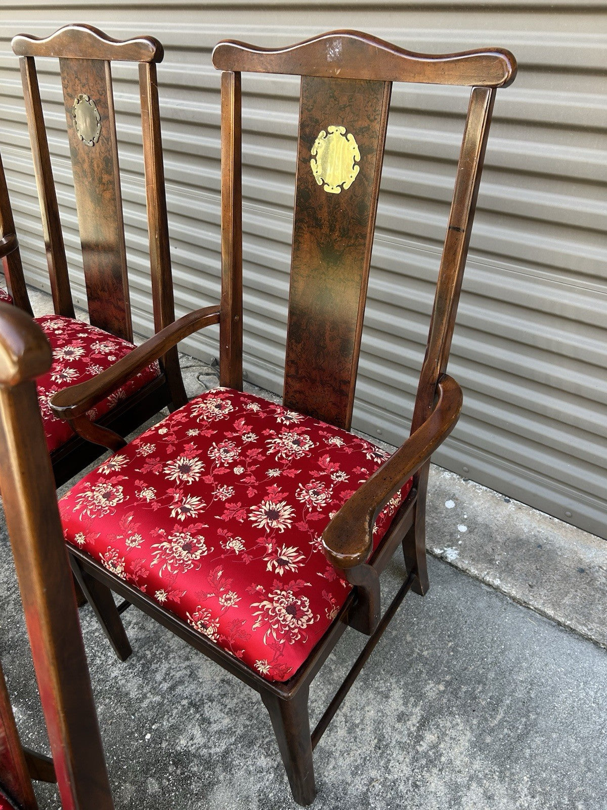 Set Of 6 Vintage Asian Style Dining Rosewood Chairs With Red Silky Cushions