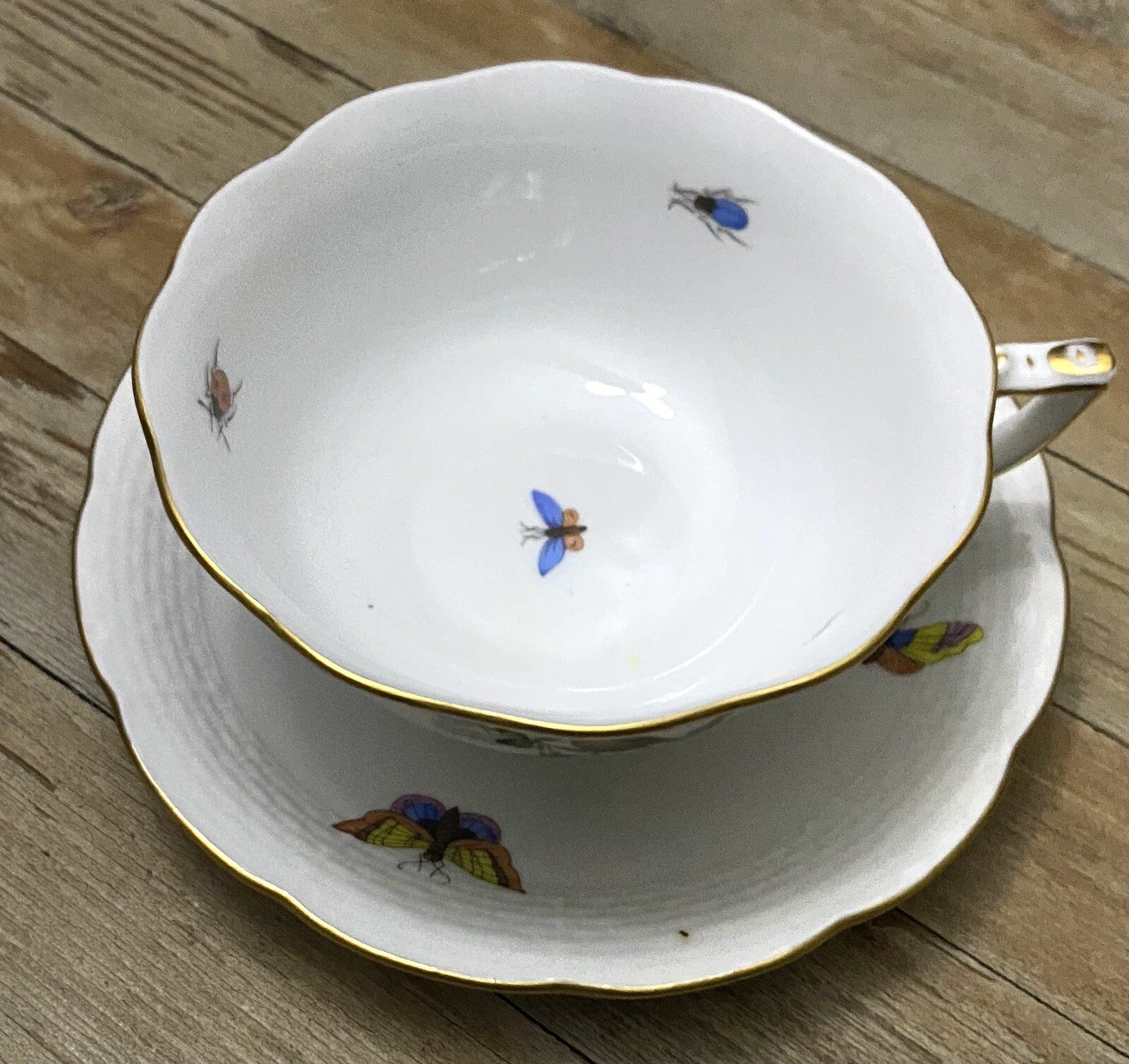 Vtg Herend Rothschild Birds Butterflies Jewelry Breakfast Cup & Saucer