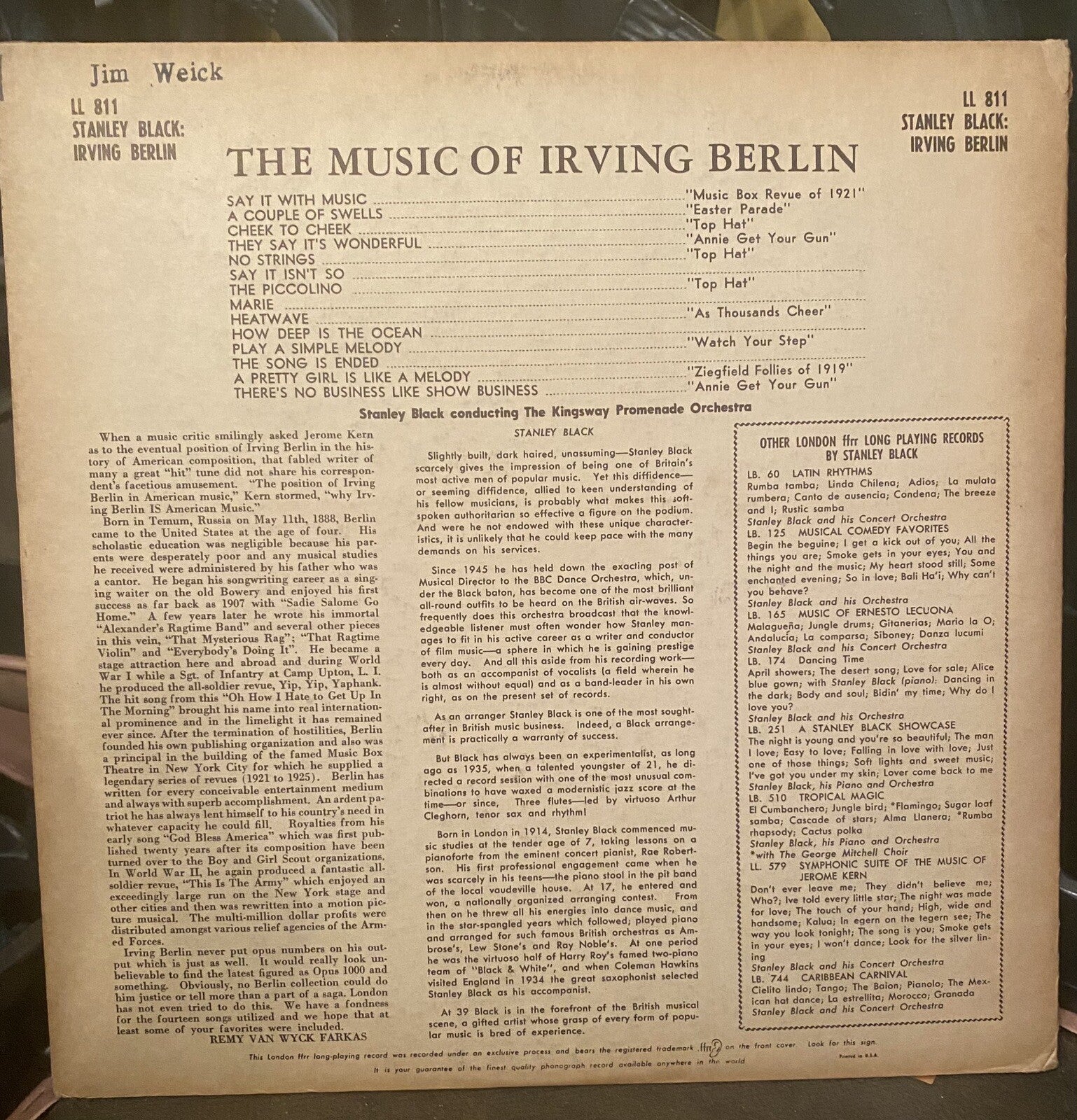 1950'S LP RECORD STANLEY BLACK MUSIC OF IRVING BERLIN