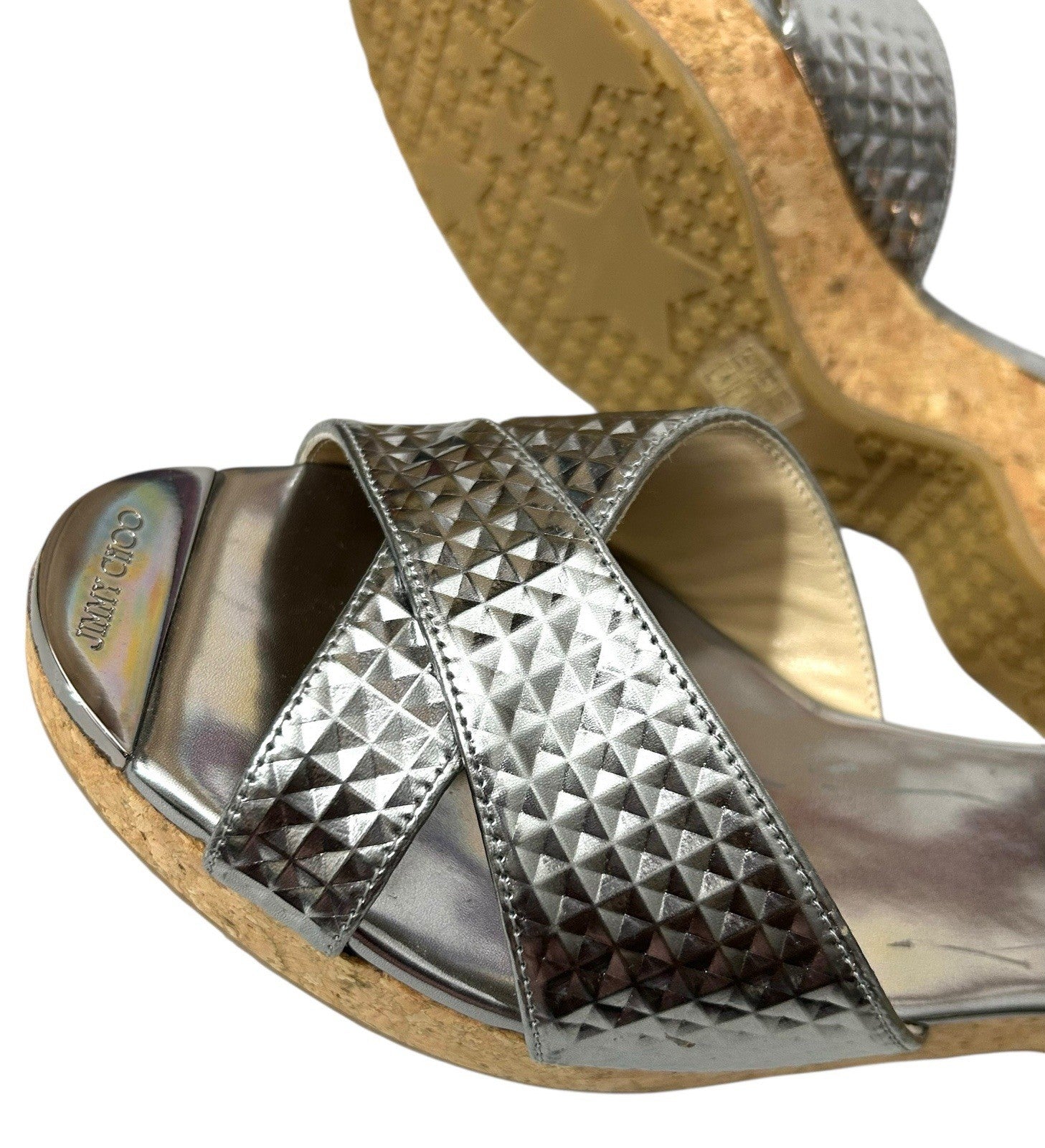 Jimmy Choo Women Sandal Crisscross Silver Straps Platform Sz 40