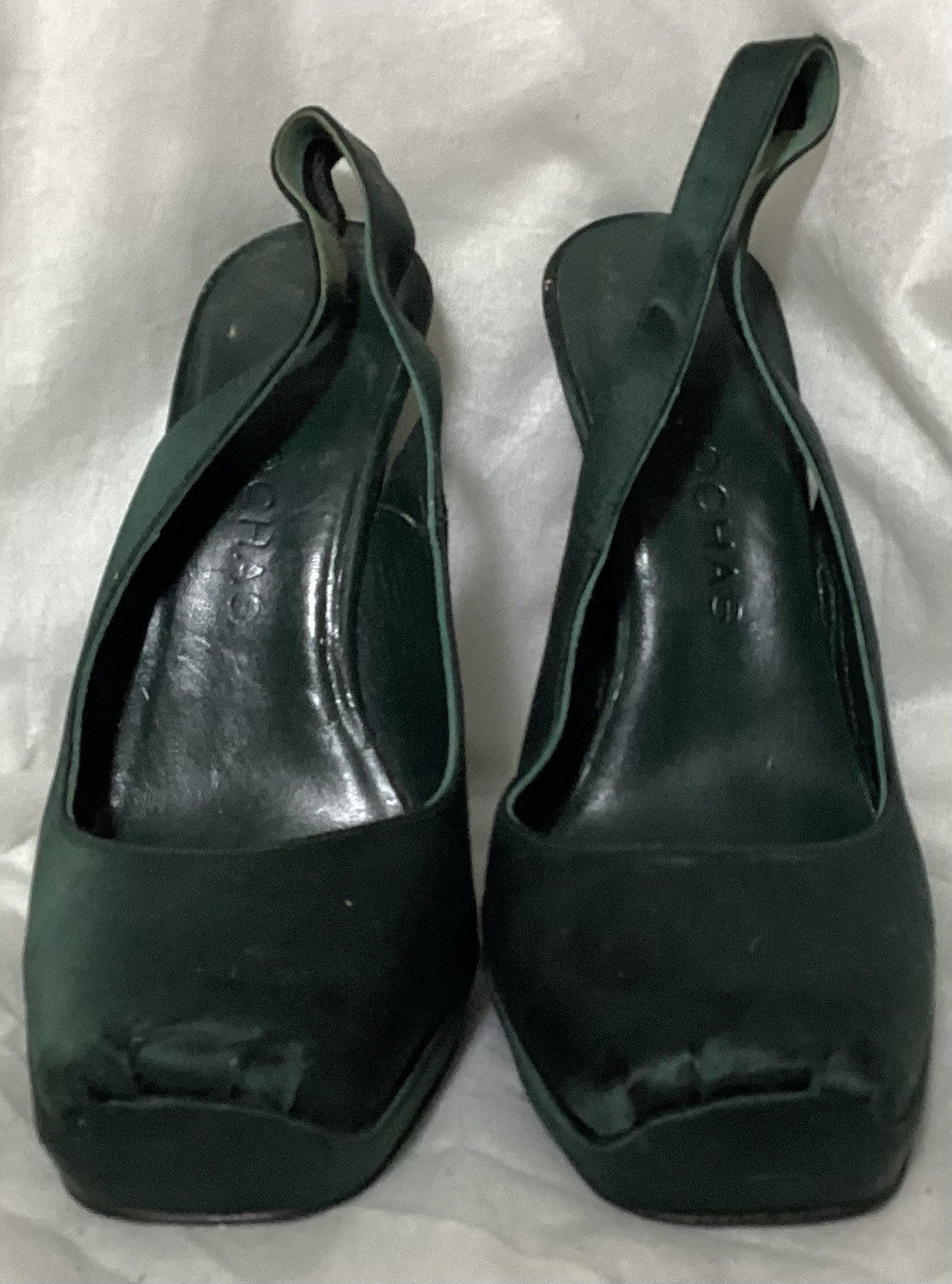 Rochas Dark Satin Green SlingBacks Women Shoes Sz 7/37-5” High