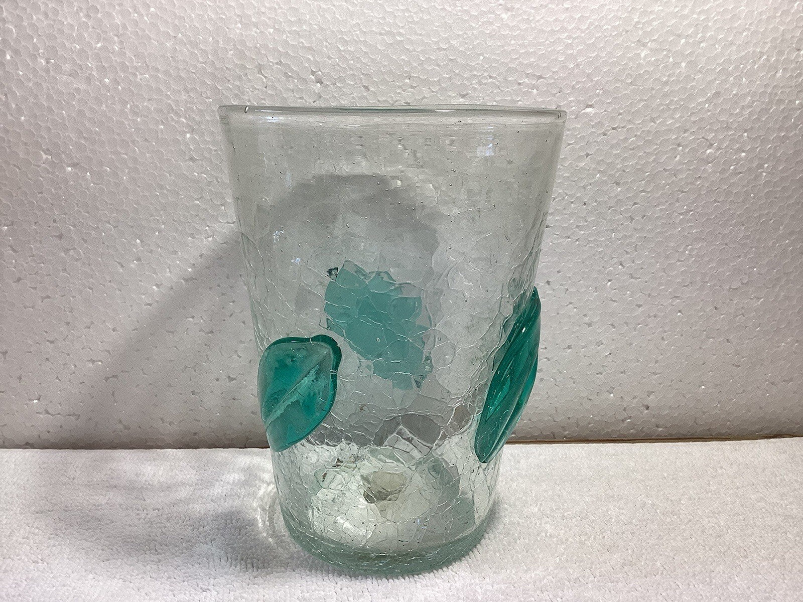 Crackle Blenko Glass Vase Green Leaves