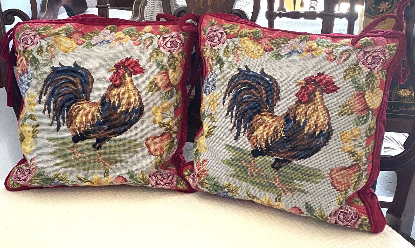 123creations Set Of 2 Needle Point Rooster Pillows
