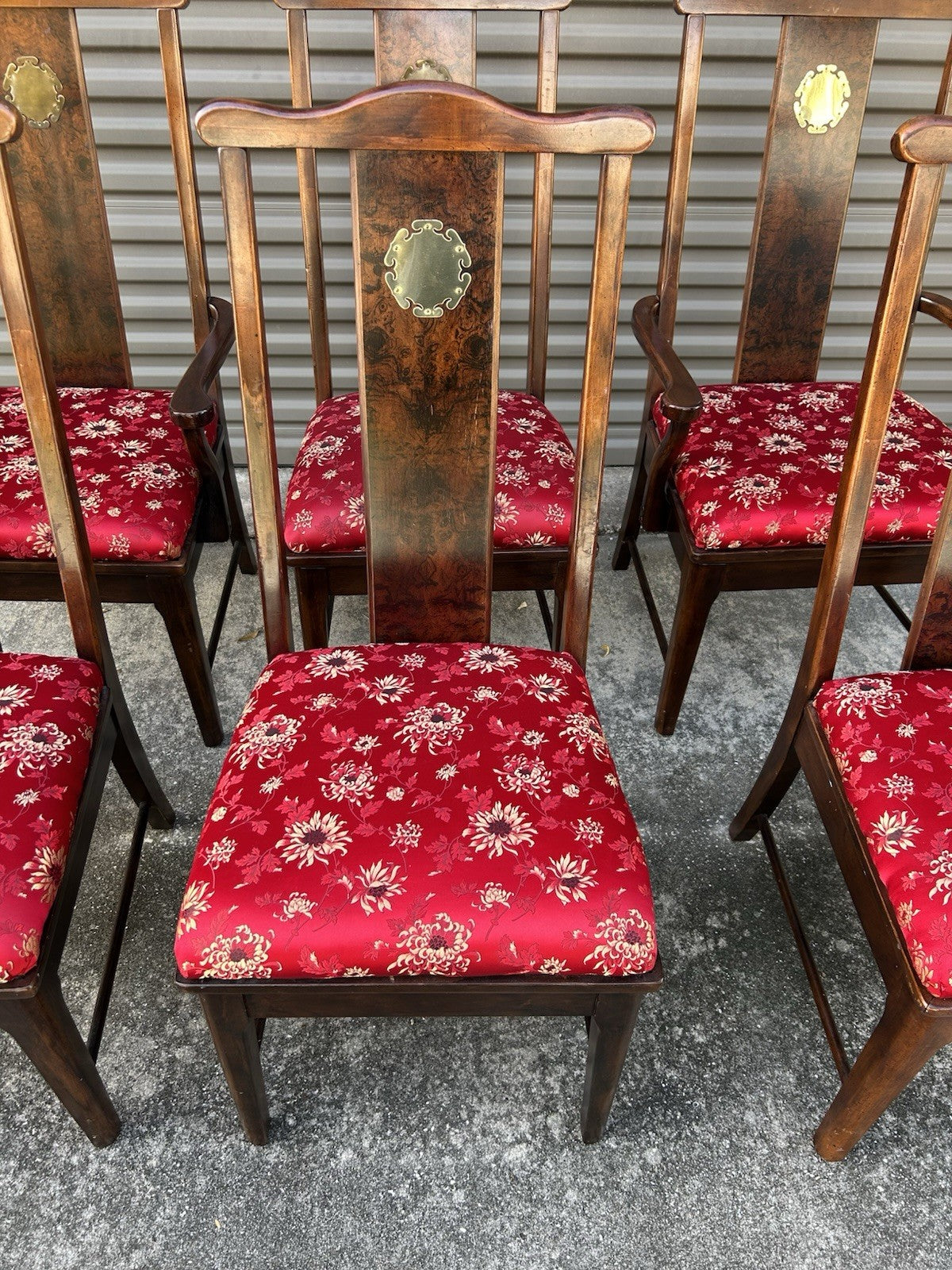 Set Of 6 Vintage Asian Style Dining Rosewood Chairs With Red Silky Cushions