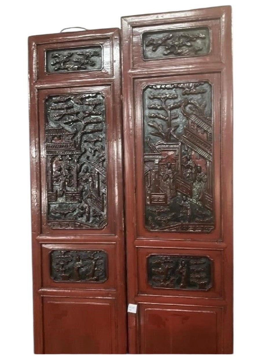 Set Of 2 Vintage Asian Hand Carved Wood High Relief 3D Art Panel 53”