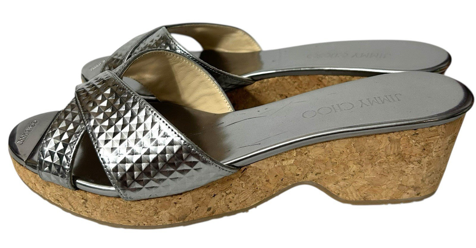 Jimmy Choo Women Sandal Crisscross Silver Straps Platform Sz 40