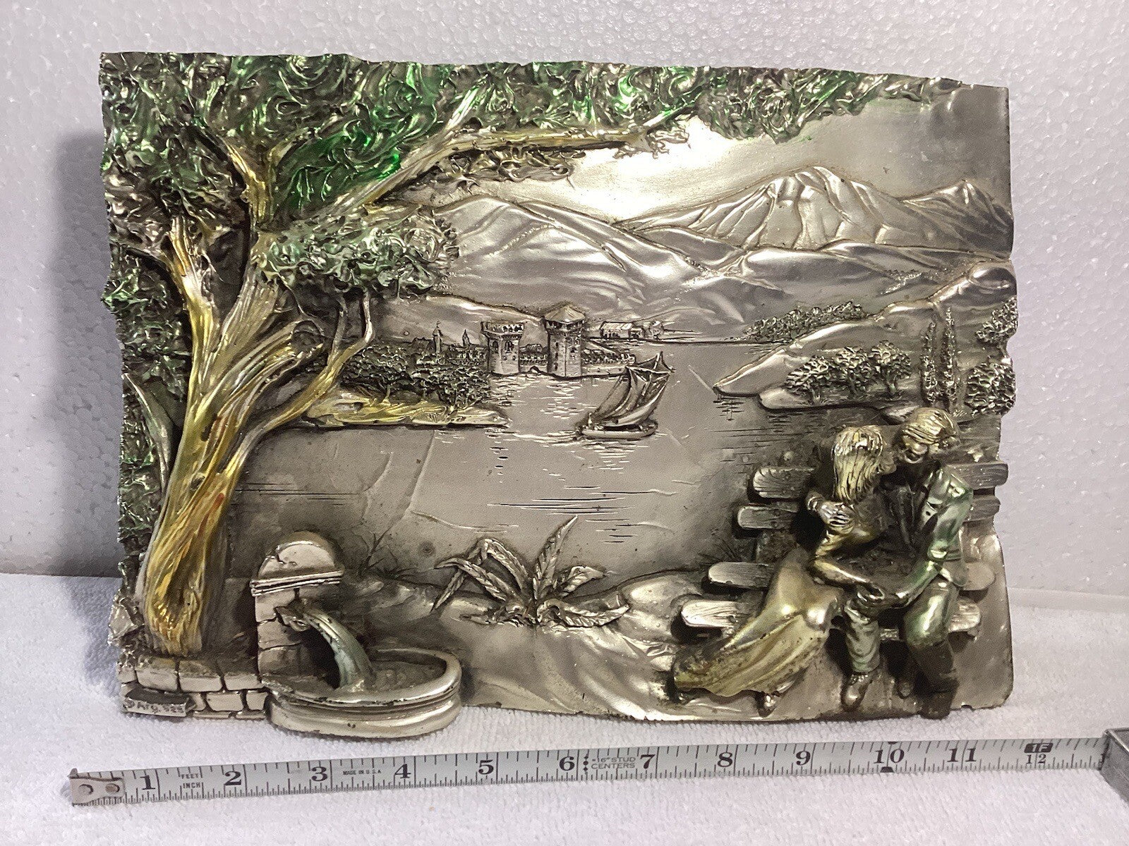 Vintage Silver Arg. 925 3 D Relief Sculpted Couple Kissing On Bench