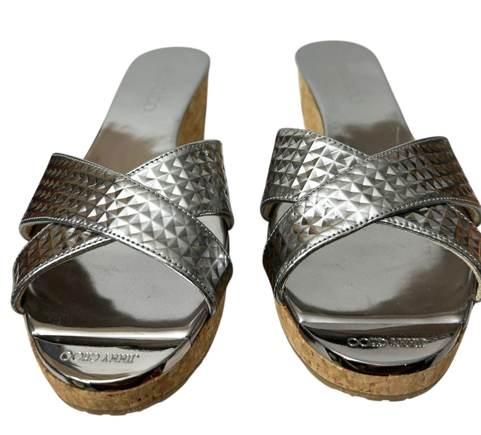 Jimmy Choo Women Sandal Crisscross Silver Straps Platform Sz 40