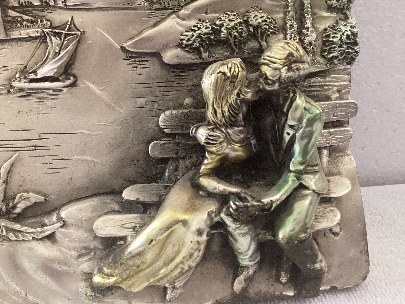 Vintage Silver Arg. 925 3 D Relief Sculpted Couple Kissing On Bench