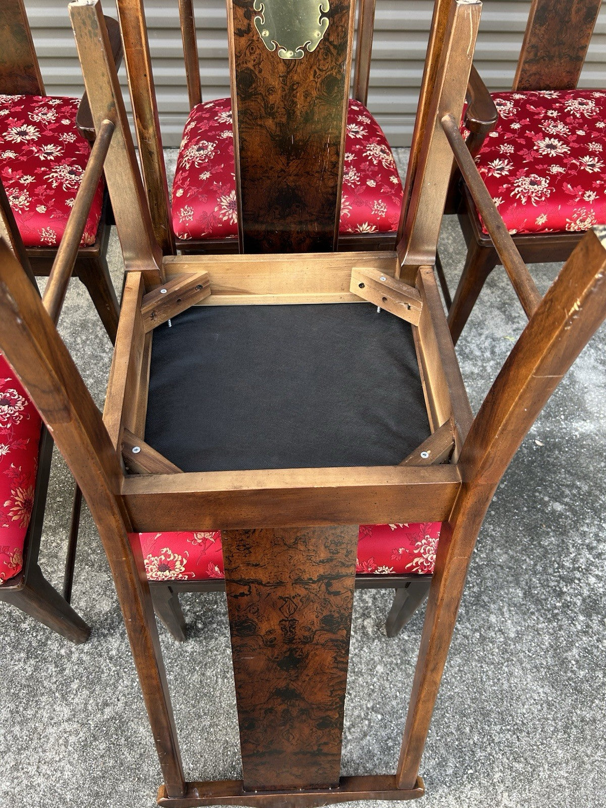 Set Of 6 Vintage Asian Style Dining Rosewood Chairs With Red Silky Cushions