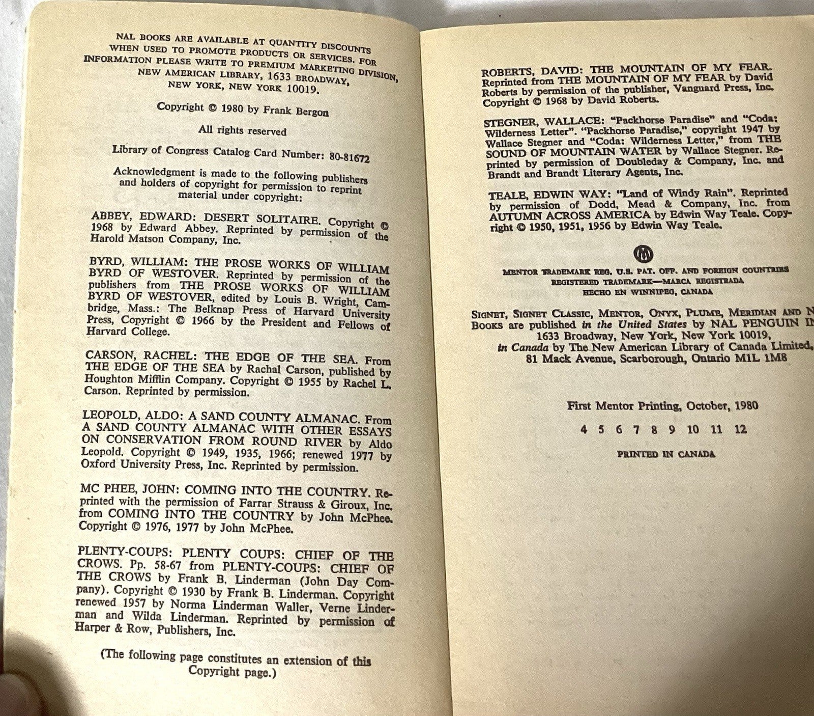 The Wilderness Reader Used Book By Frank Bergon #450