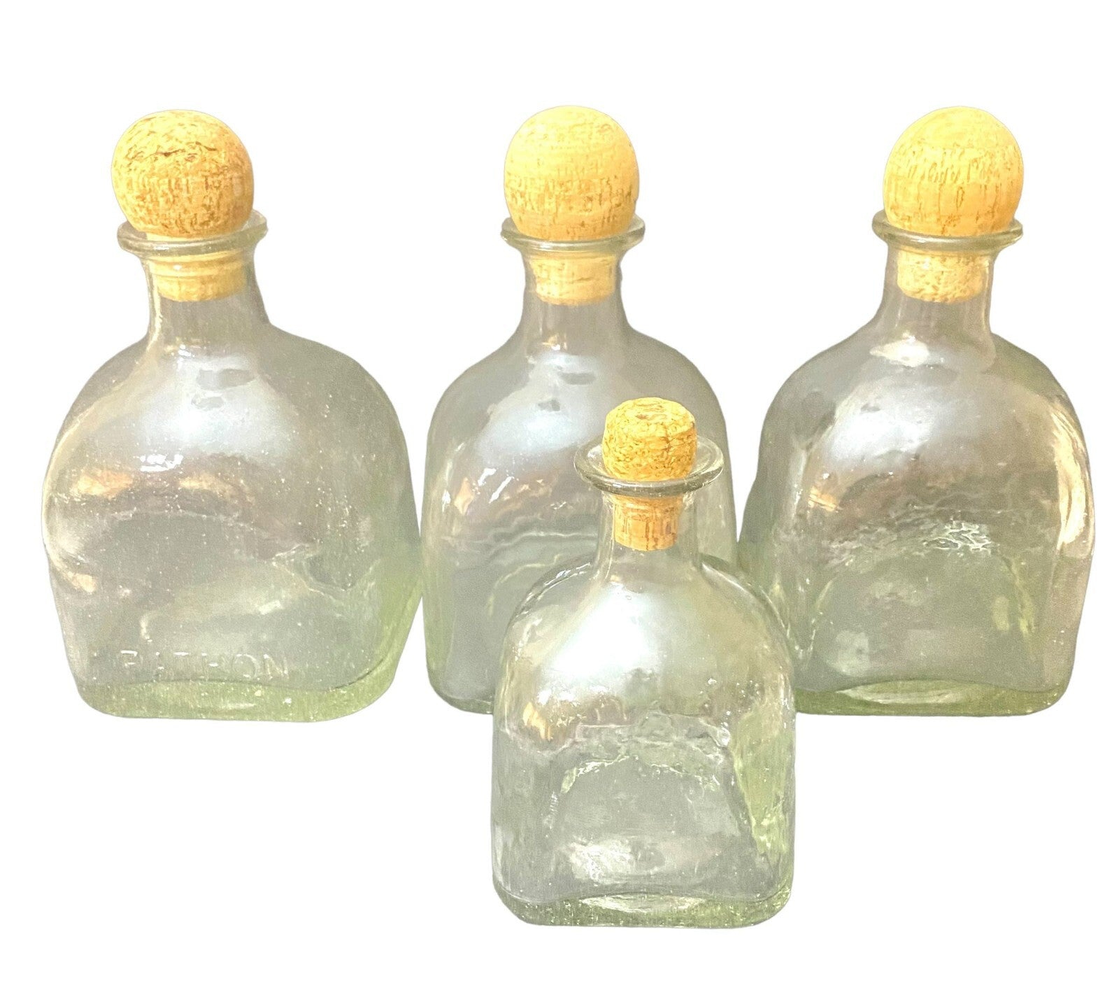 Lot Of 4 Clear Glass Patron Display Tequila Decanters With Cork Lid