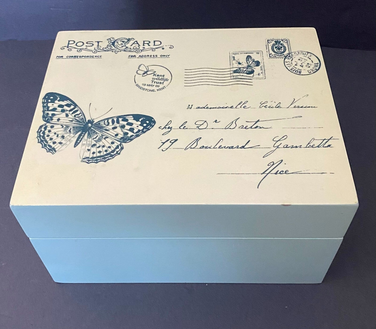 White Blue Rectangular Shape Post Card Theme Lacquer Decorative Box