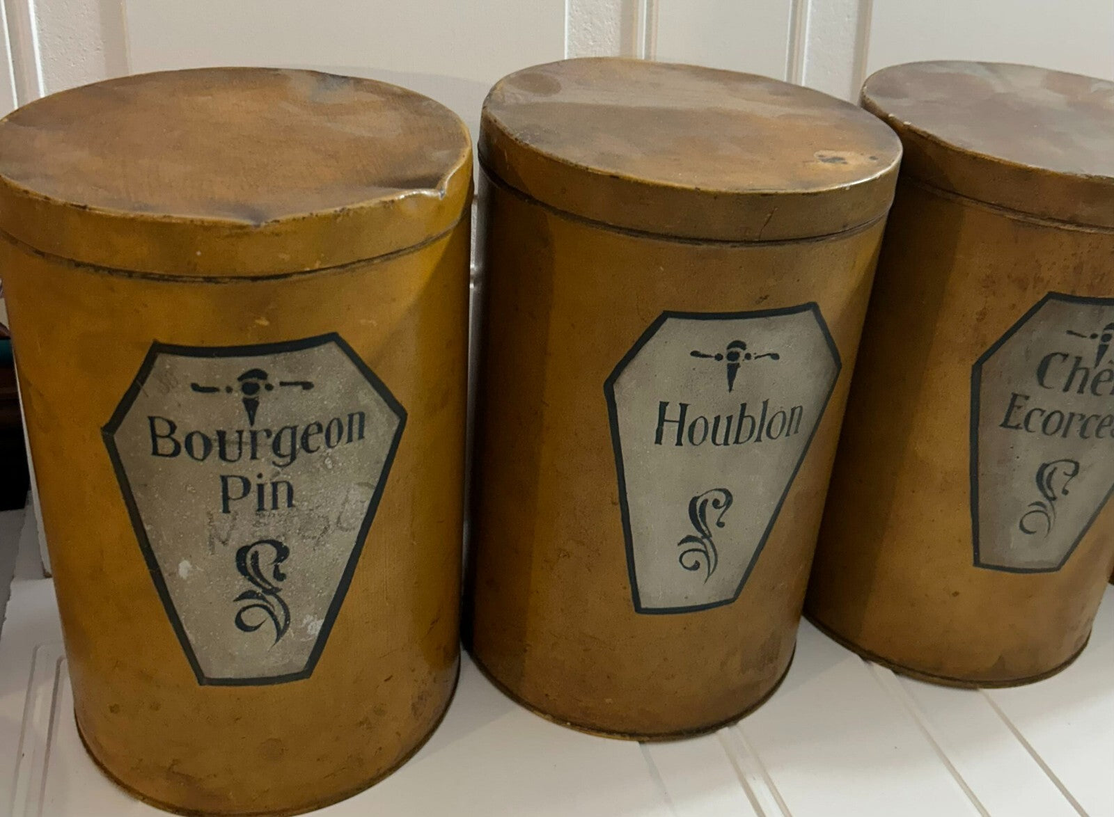 Antique French Set Of 6 Apothecary Brown Metal Canister Containers