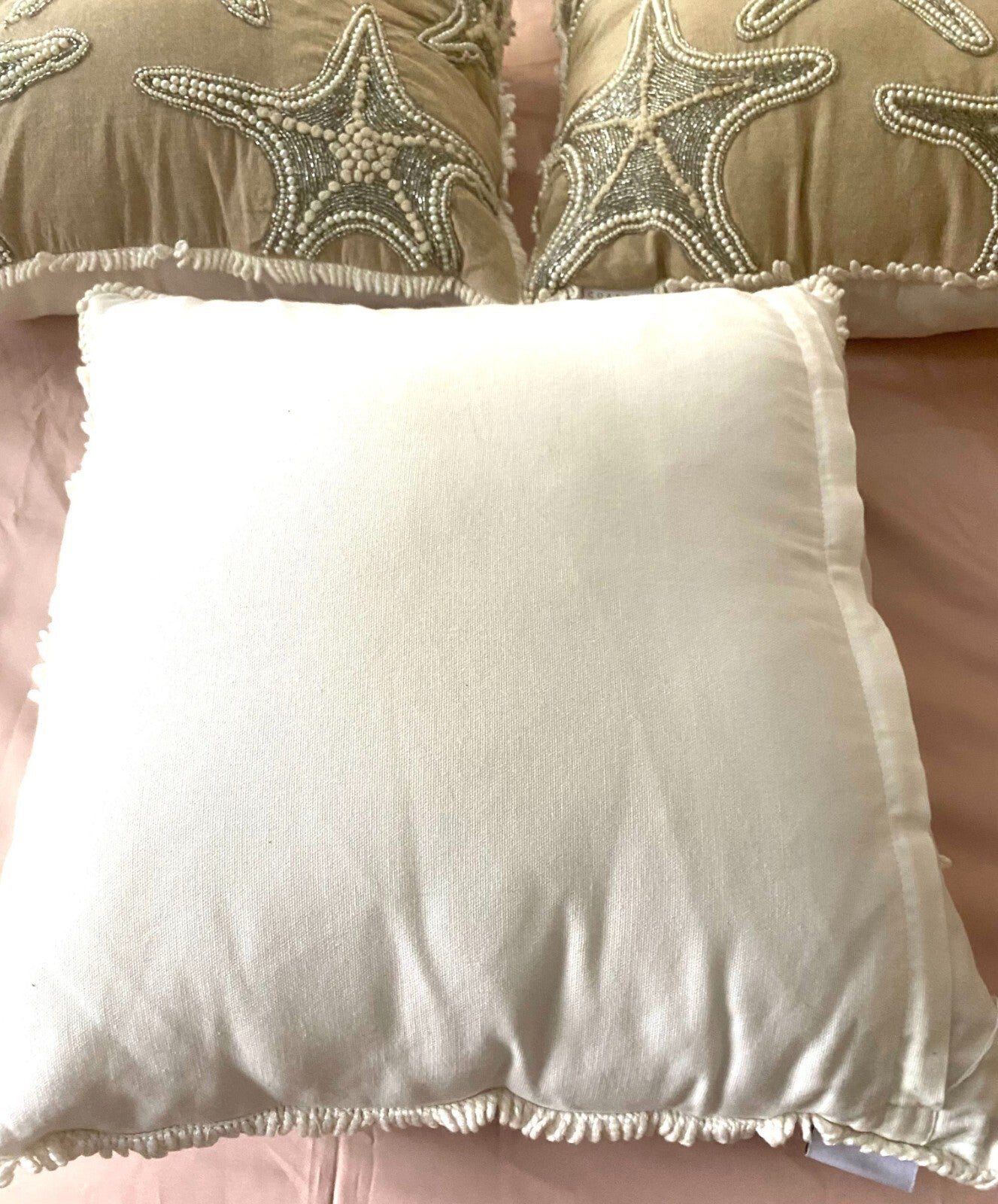 Set of 3 Coastal Collection Starfish Pearl Beaded Square Shape Pillows