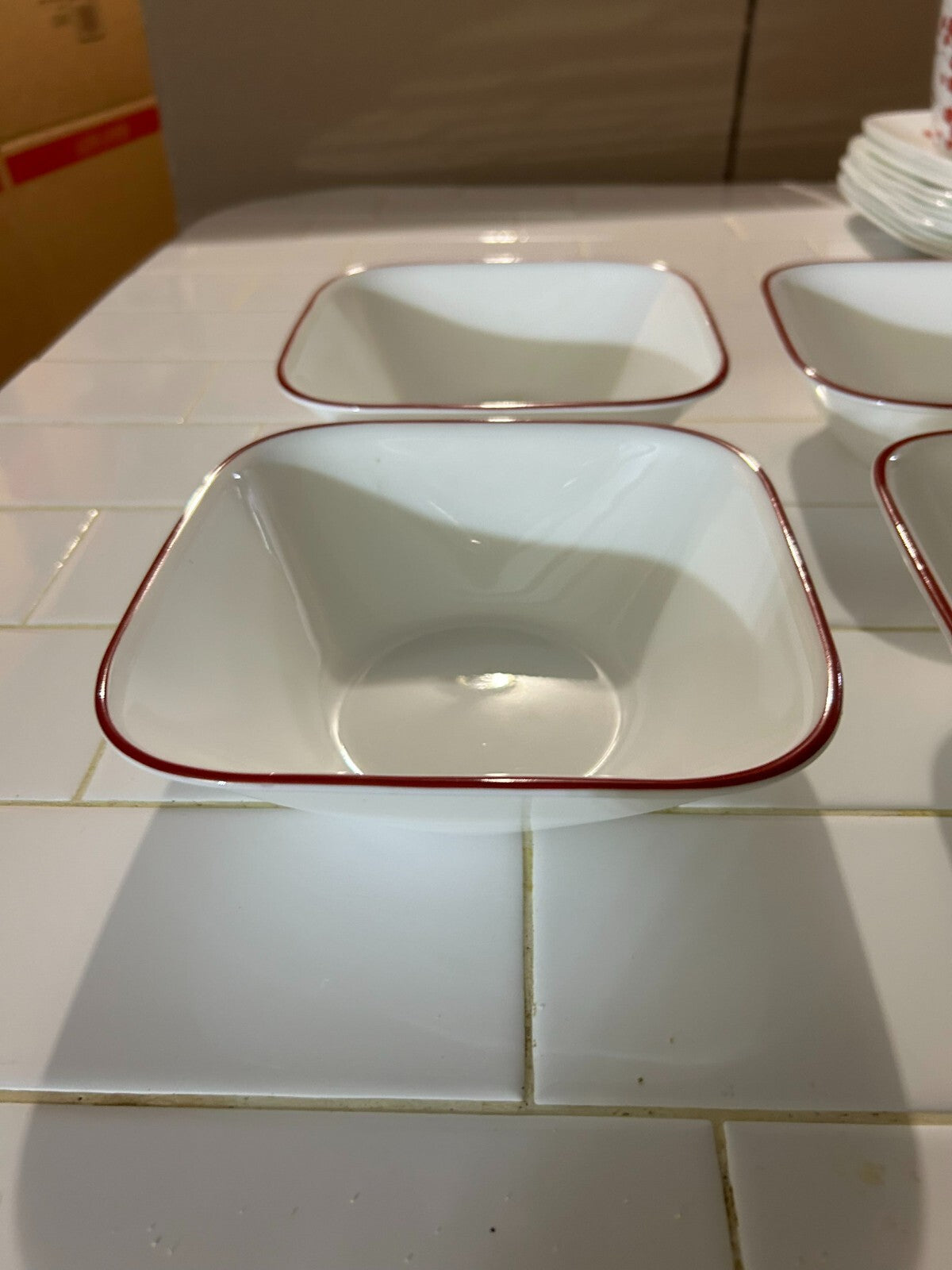 Lot Of 4 Corelle Splendor White With Red Rim Square Cereal/Soup Bowls