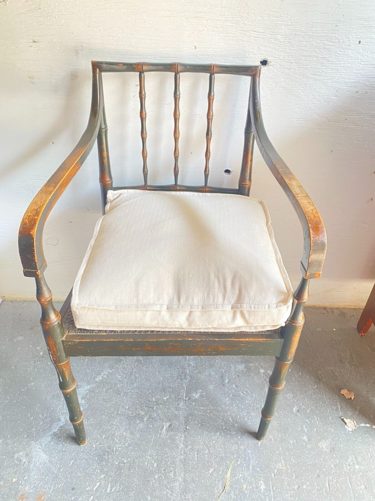 Antique Wooden Cane Seat Black Chair/White Cushion With Arm Rest