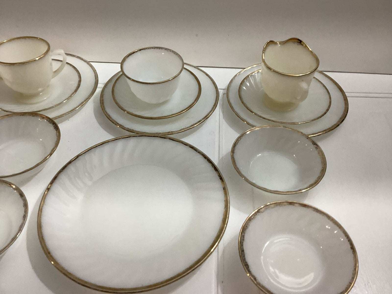 14 Pcs Vintage Fire King White swirl Milk Glass Oven Ware With Gold Rim
