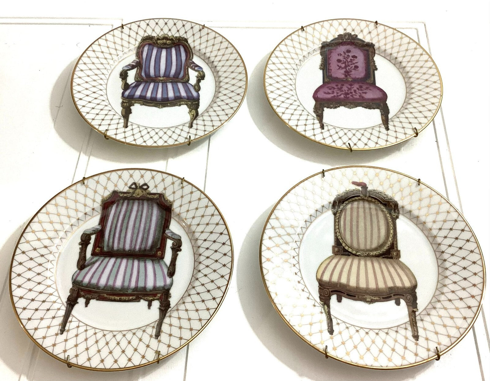 Vintage Set 4 Fitz & Floyd Round Shaped 8 1/4 Inch Chairs Plates