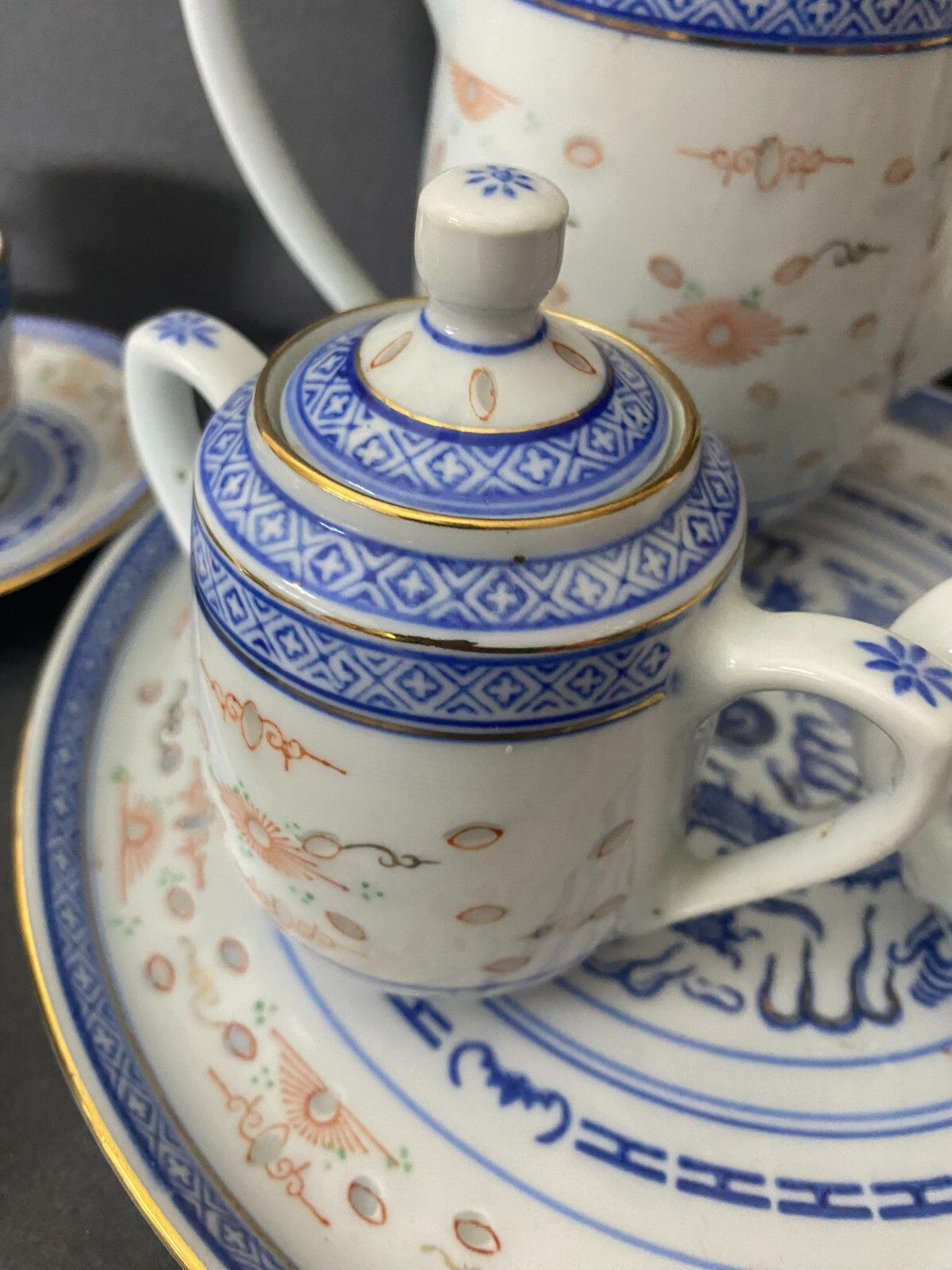 Vintage Blue/White/gold Asian Rice Glass 12 Pieces Tea Set