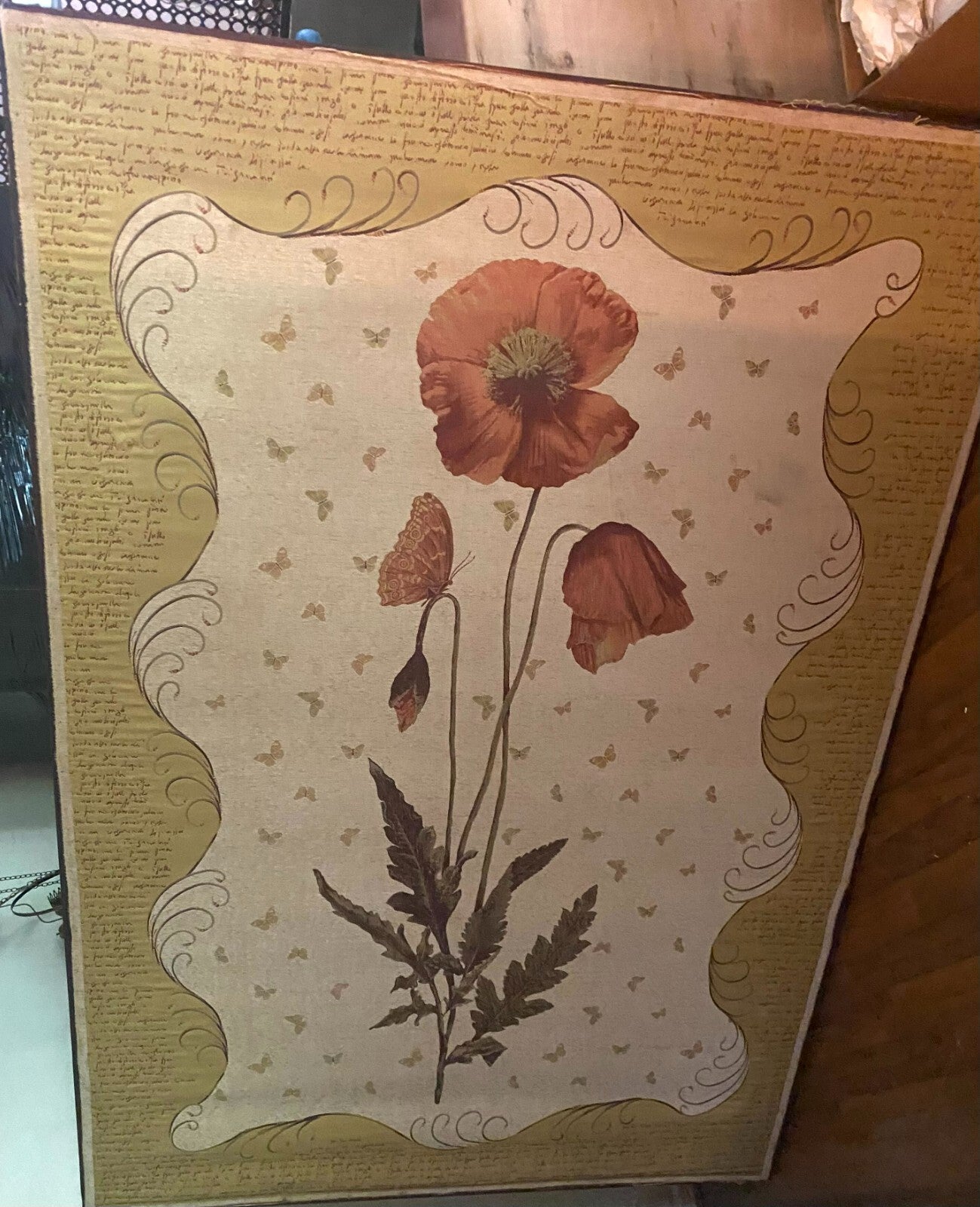 Large Rectangular Poppies Floral Design Wall Hanging Display On Fabric Hand Made