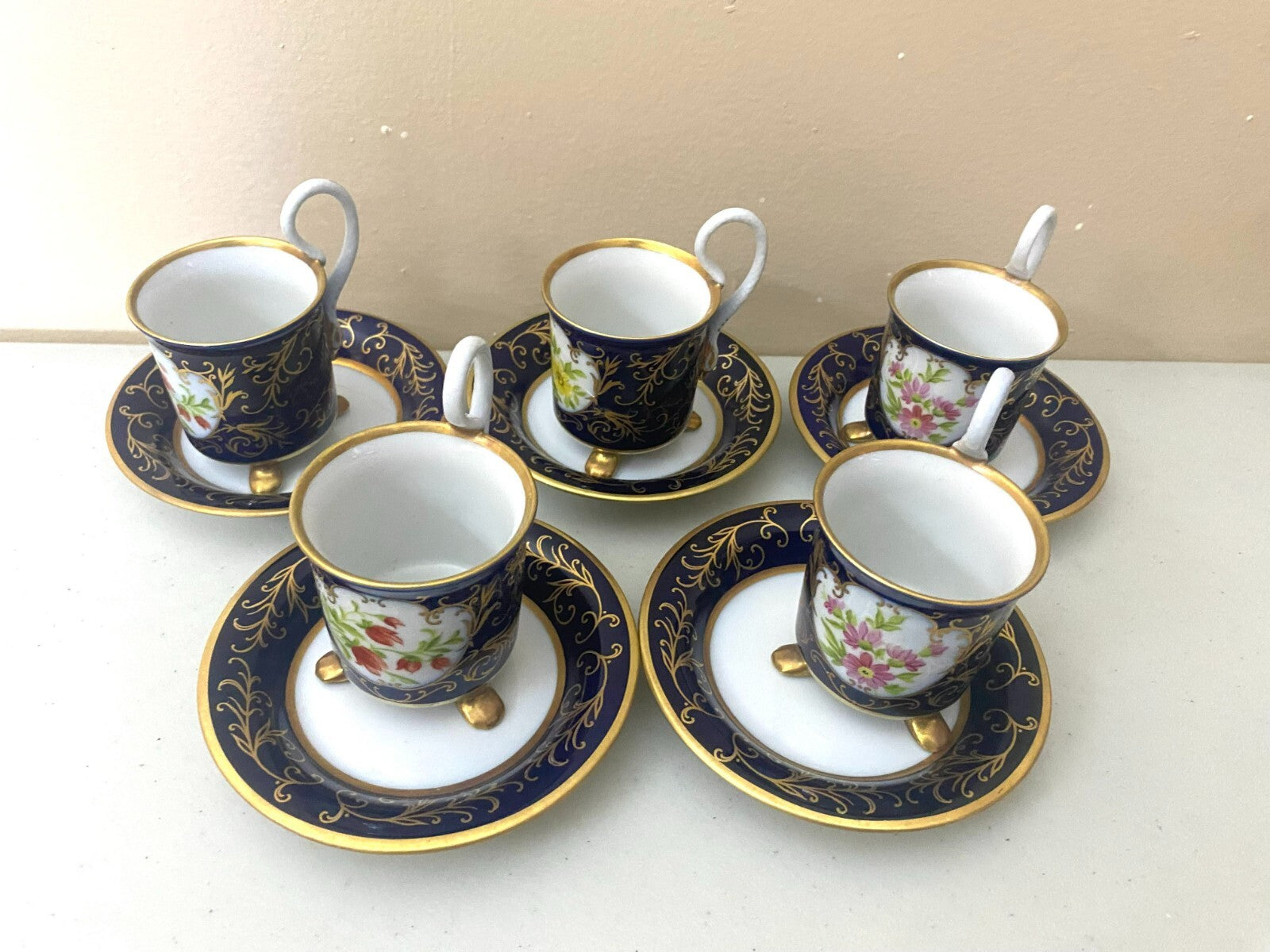 Vintage Pirken Hammer Hand Painted Blue Gold Set of 5 Cups And Saucer