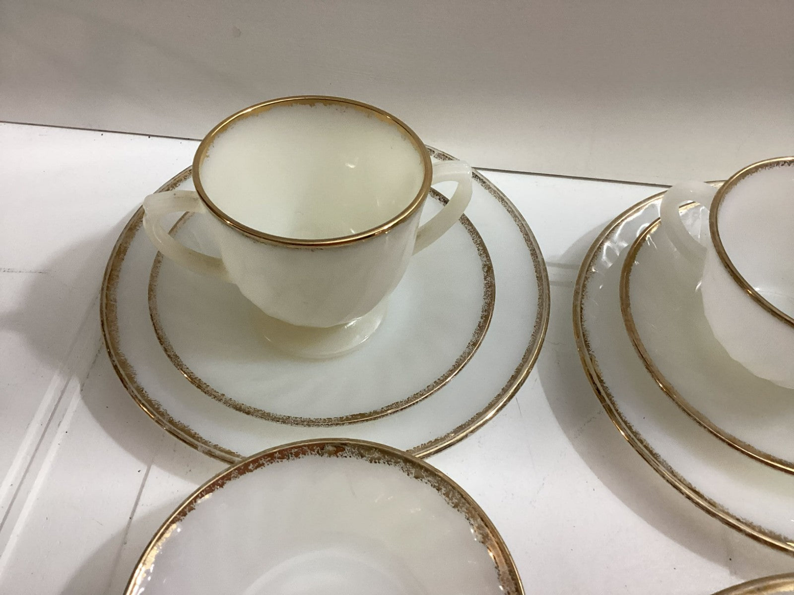 14 Pcs Vintage Fire King White swirl Milk Glass Oven Ware With Gold Rim