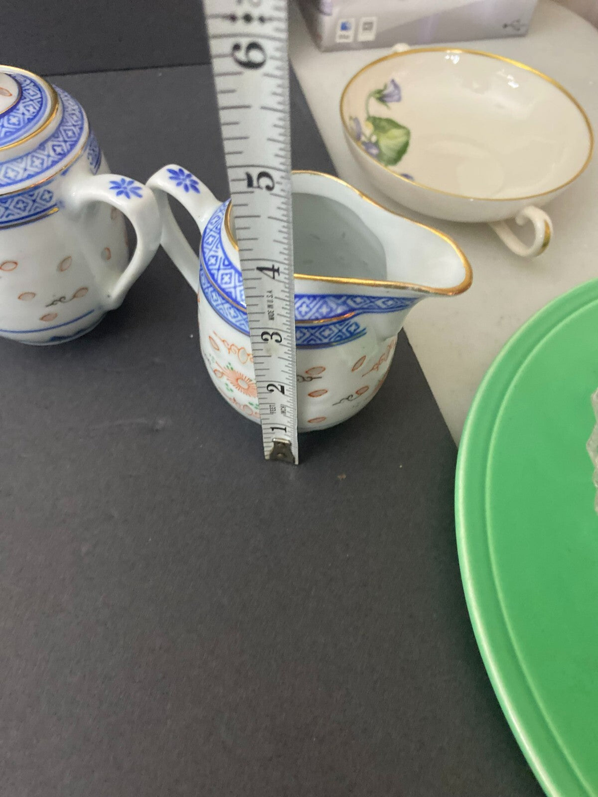 Vintage Blue/White/gold Asian Rice Glass 12 Pieces Tea Set