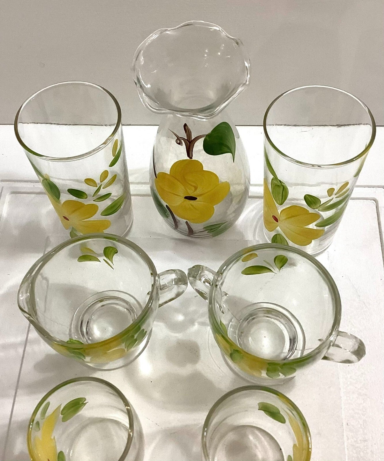 Vtg Floral Hand Painted 70’s Juice Glasses, TeaCup, Carafe, Salt/Pepper Shaker