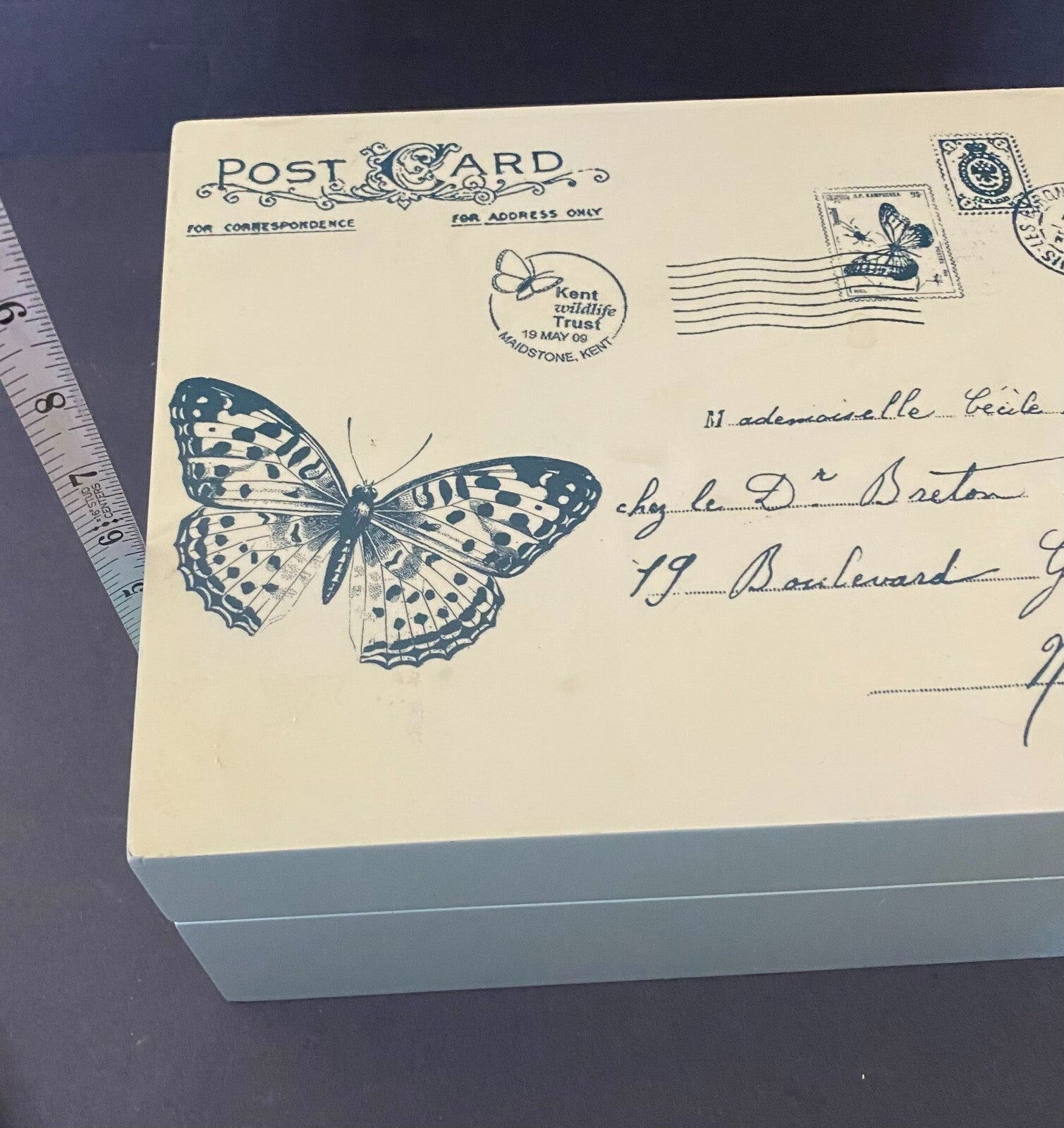 White Blue Rectangular Shape Post Card Theme Lacquer Decorative Box