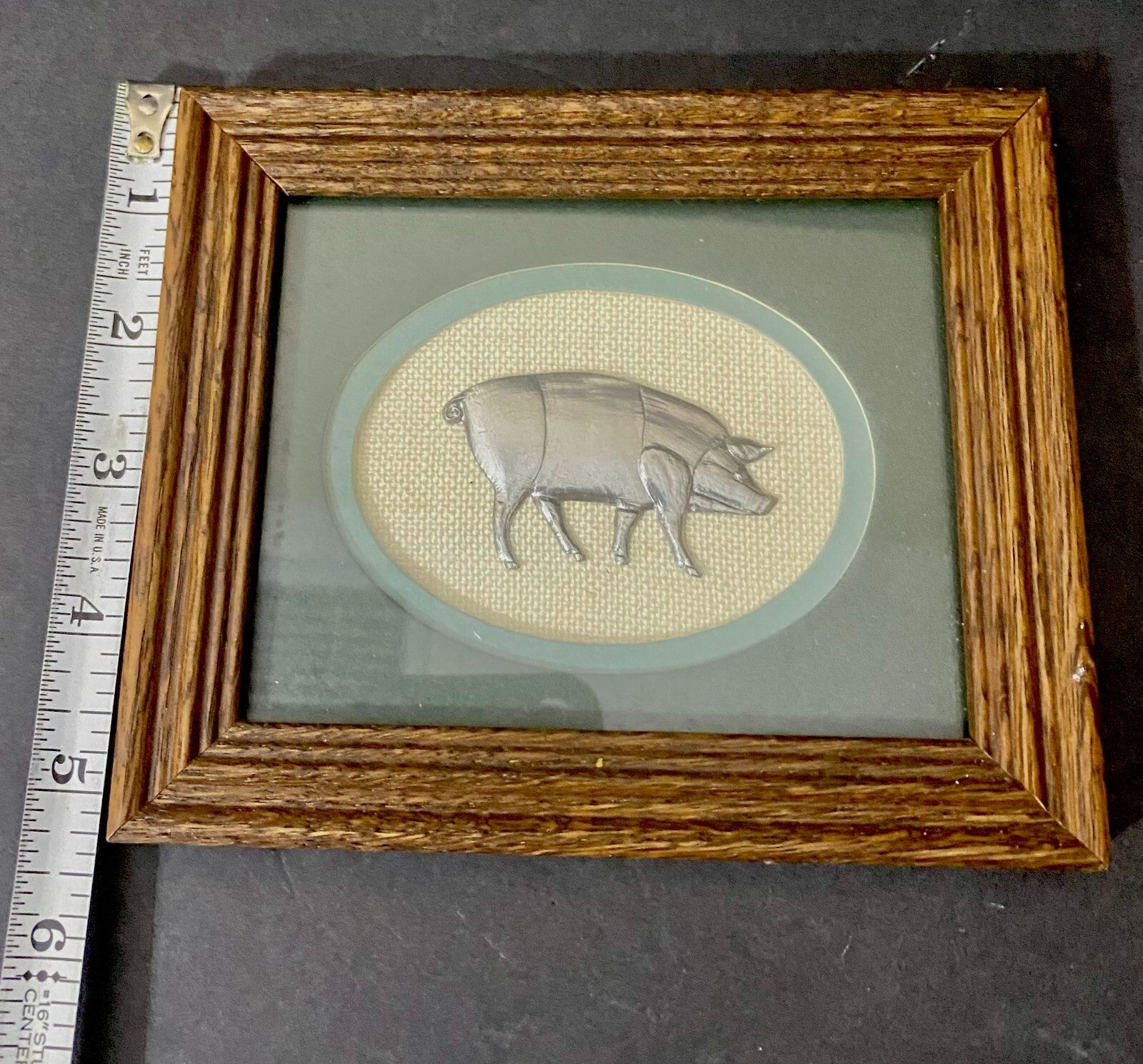 Reed Pewter Pig Wall Hanging Display Art In Wooden Frame Size 6.5 X 5.3 Inches